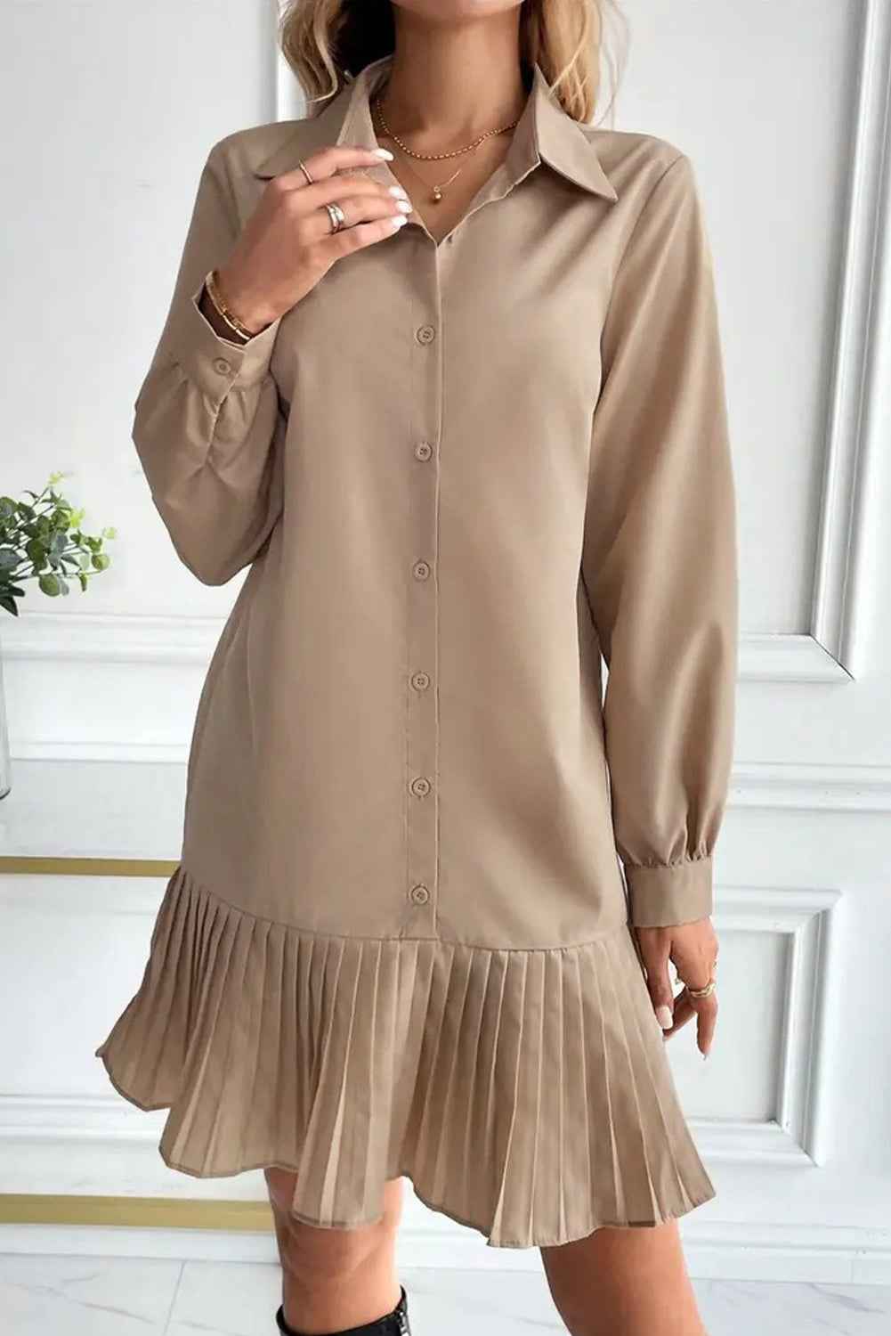 Smoke Gray Long Sleeve Pleated Shirt Dress Smoke Gray 90d542829119dc1f