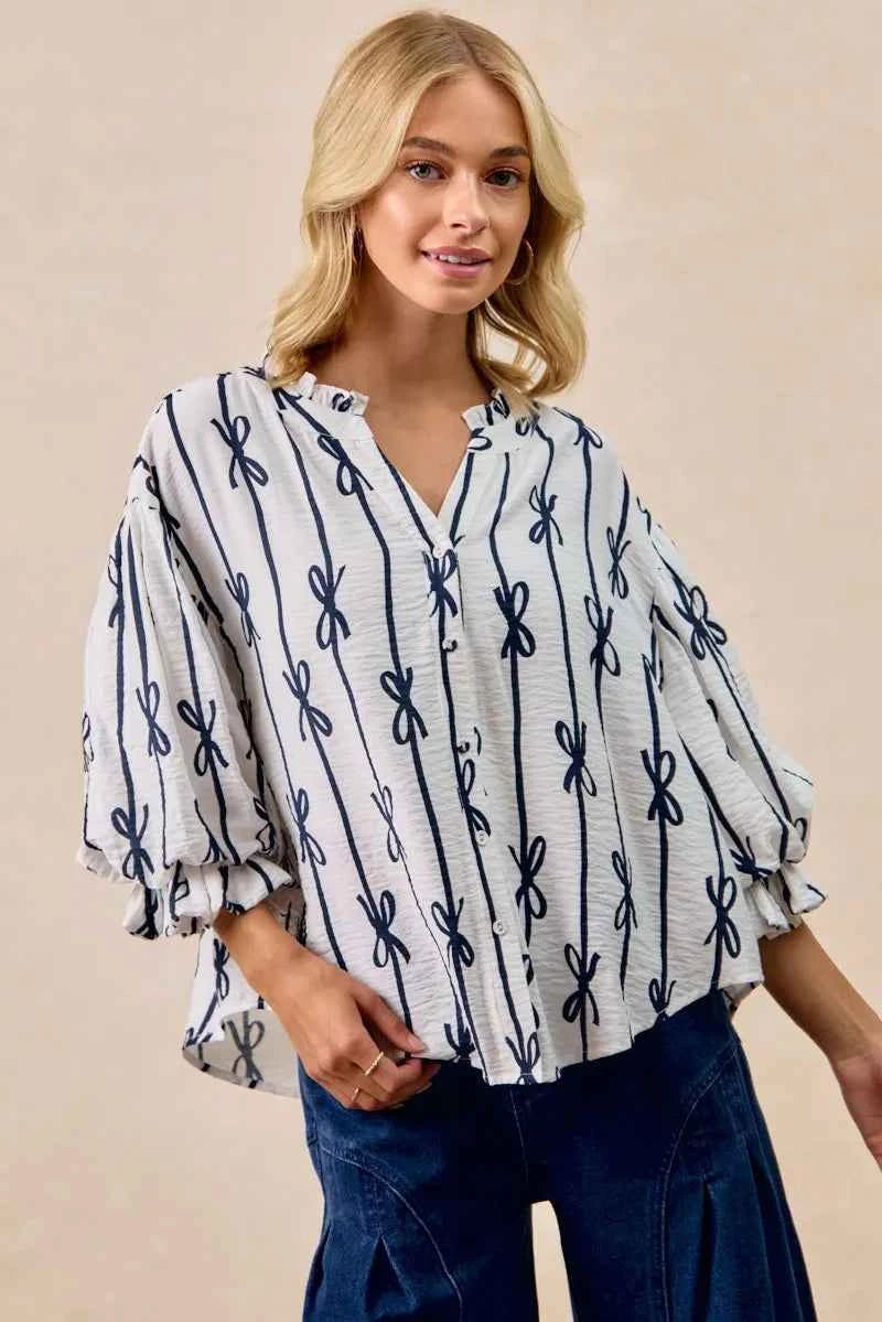 Bow Ribbon Printed Woven Bubble Sleeves Top 90d731103f9f4f819157a5e173c43b7a-Max-Origin