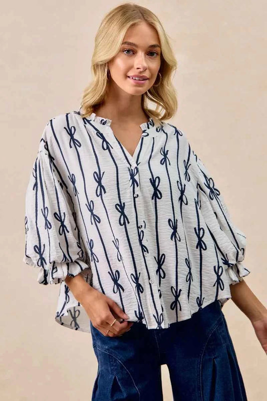 Bow Ribbon Printed Woven Bubble Sleeves Top 90d731103f9f4f819157a5e173c43b7a-Max-Origin