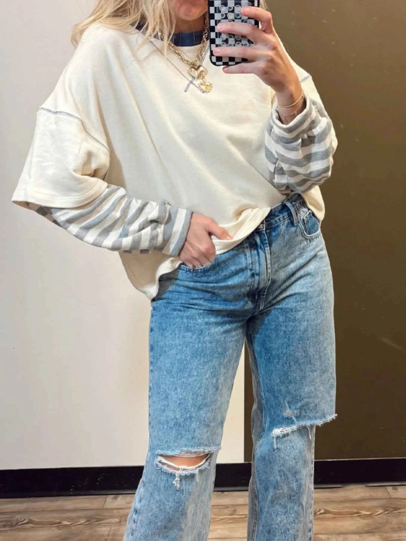 Striped Patchwork Long Sleeve Round Neck Two-in-one Top 90e23423-80ab-440c-a8bb-9776da0b2a0d-Max-Origin