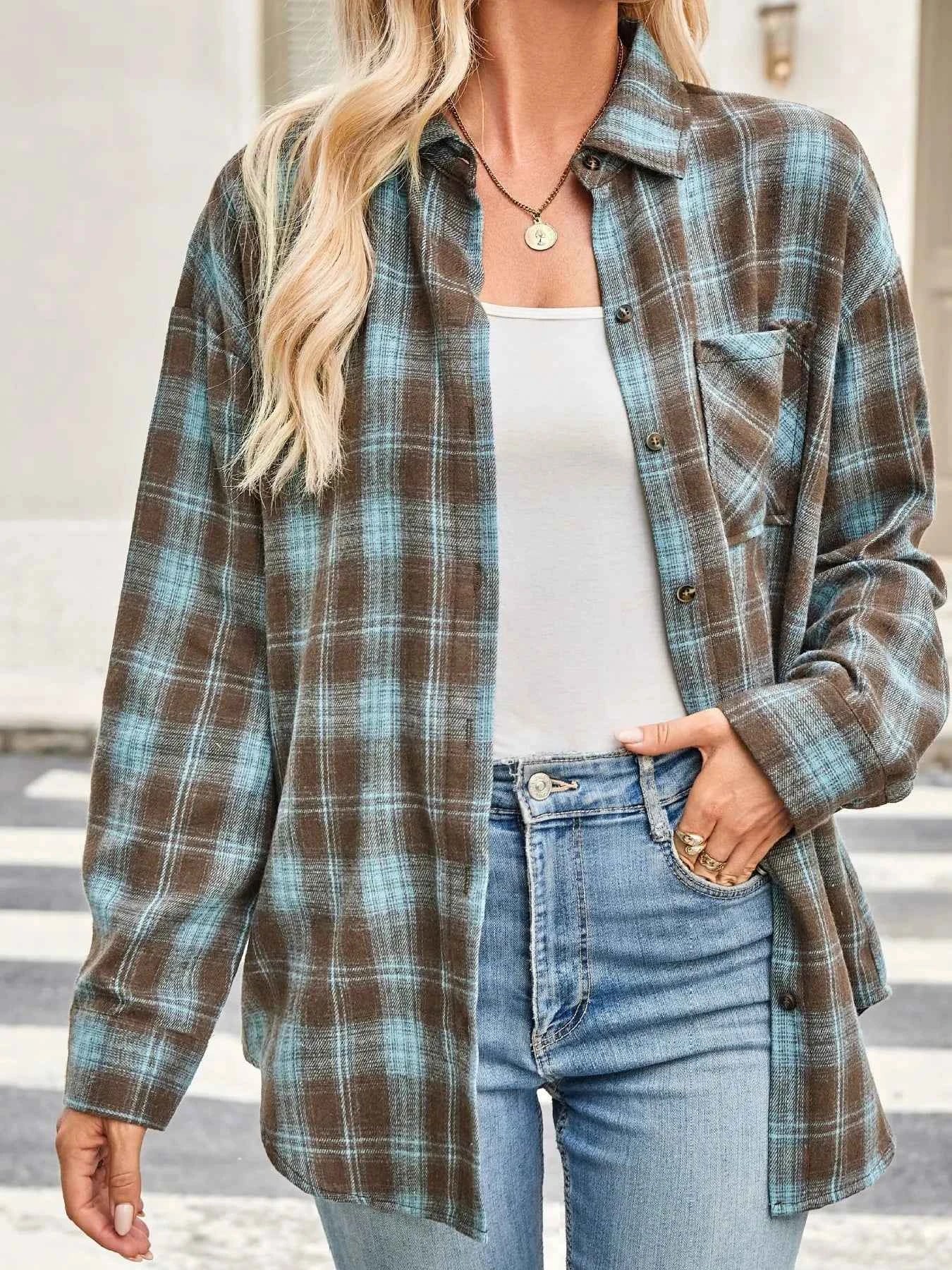 Plaid Button Up Long Sleeve Shirt Turquoise 90e301dce06c4cb6963feabd62f33408-Max-Origin