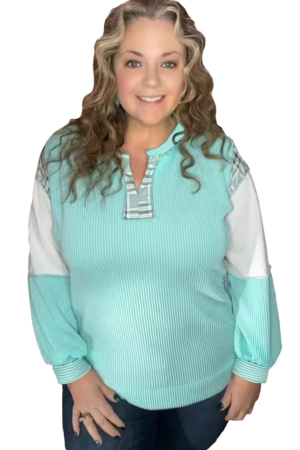 Aruba Blue Twist Ribbed Colorblock Plaid Patchwork Plus Size Top Aruba Blue 75%Polyester+20%Viscose+5%Elastane 90e698b63963e47d