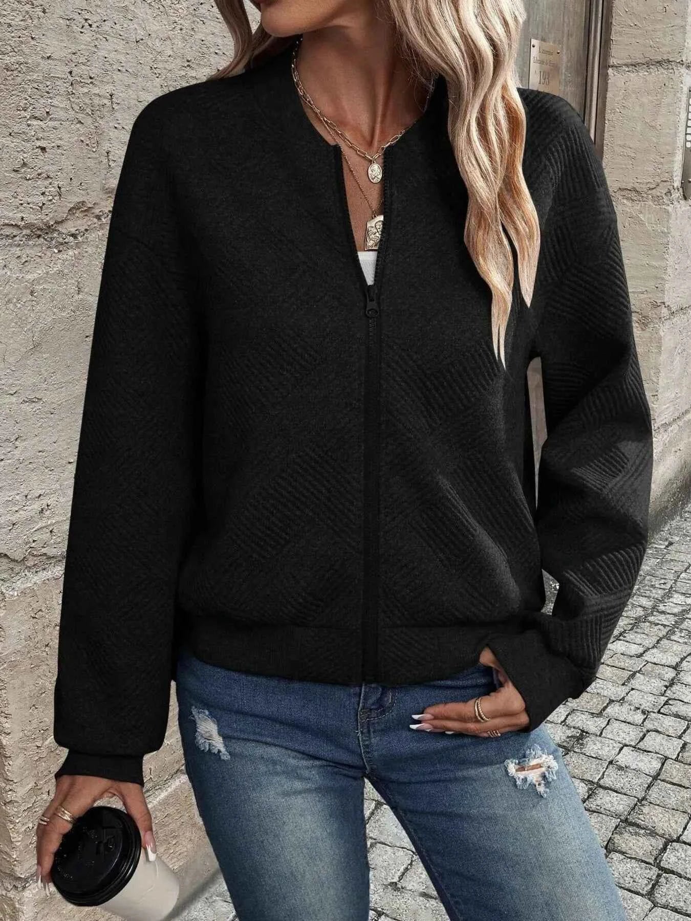 Zip-Up Textured Long Sleeve Jacket 90eb198be9f54f4ea251e60faeb516ed-Max-Origin