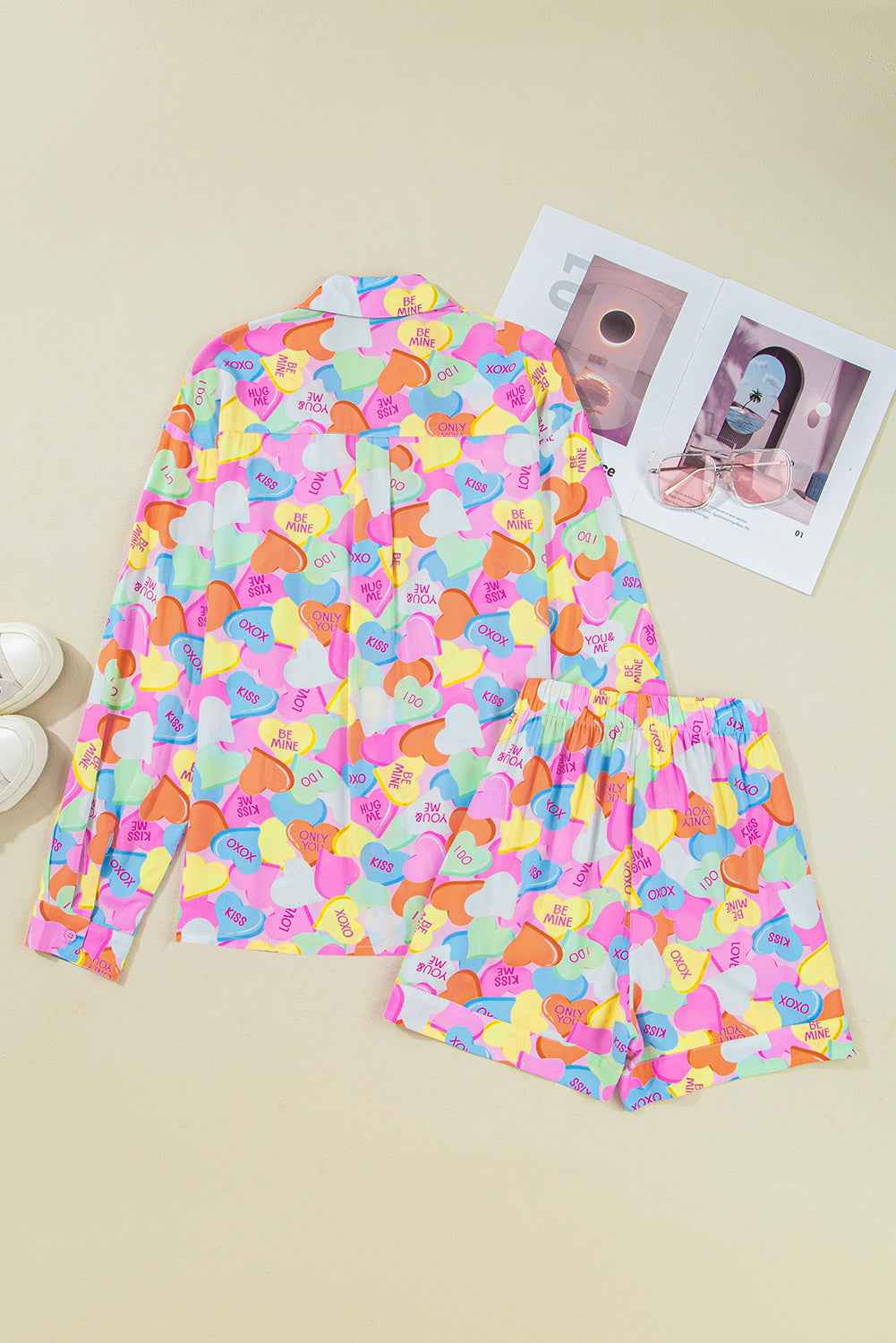 Pink Valentines Candy Heart V Neck Collared Tunic Shirt and Shorts 2pcs Pajama Set 90f1ba82dc5eb97b