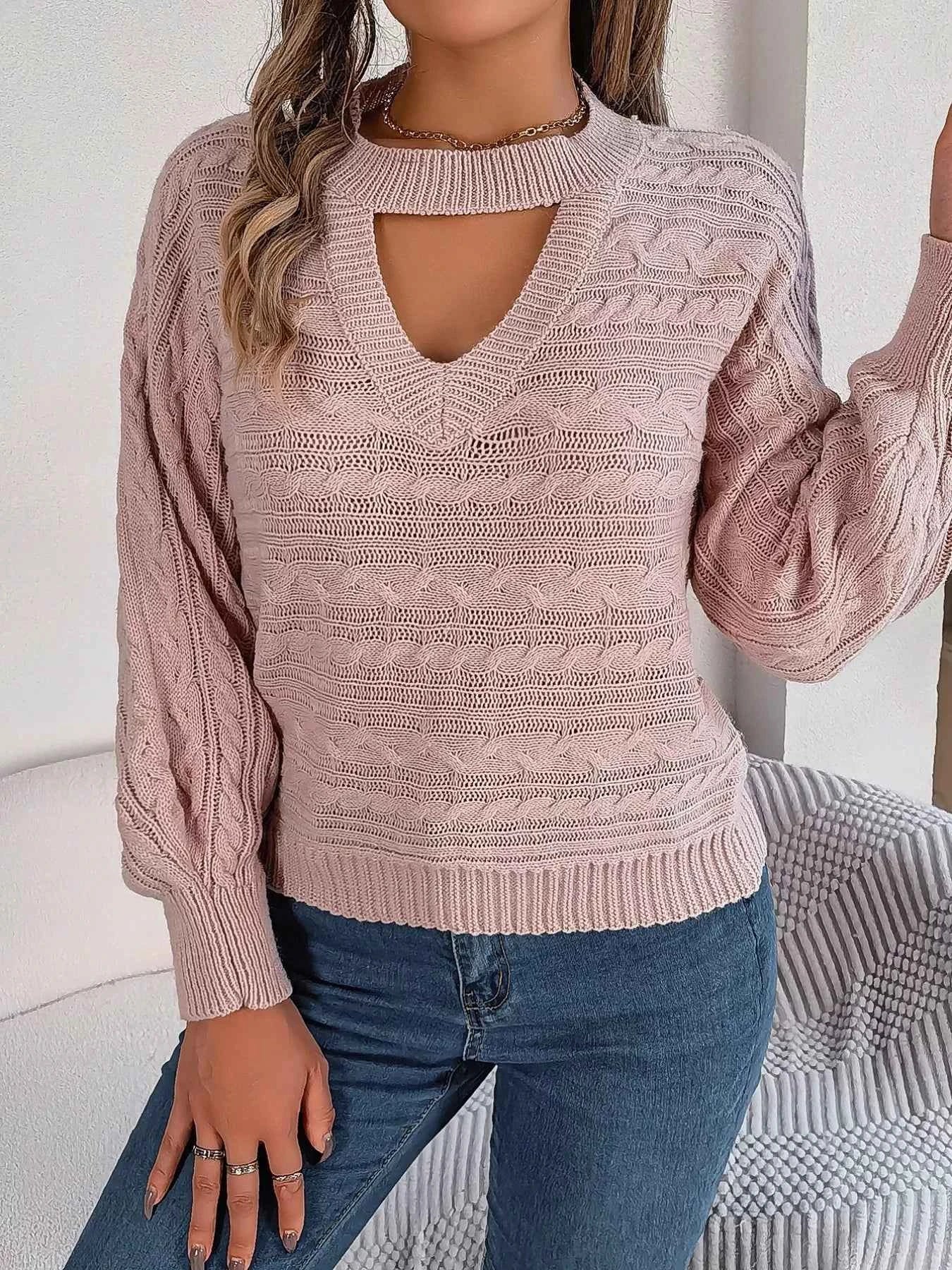 Cable-Knit Cutout Round Neck Sweater Pink 90facc5f-66f0-4357-9857-2861969f1dec-Max-Origin