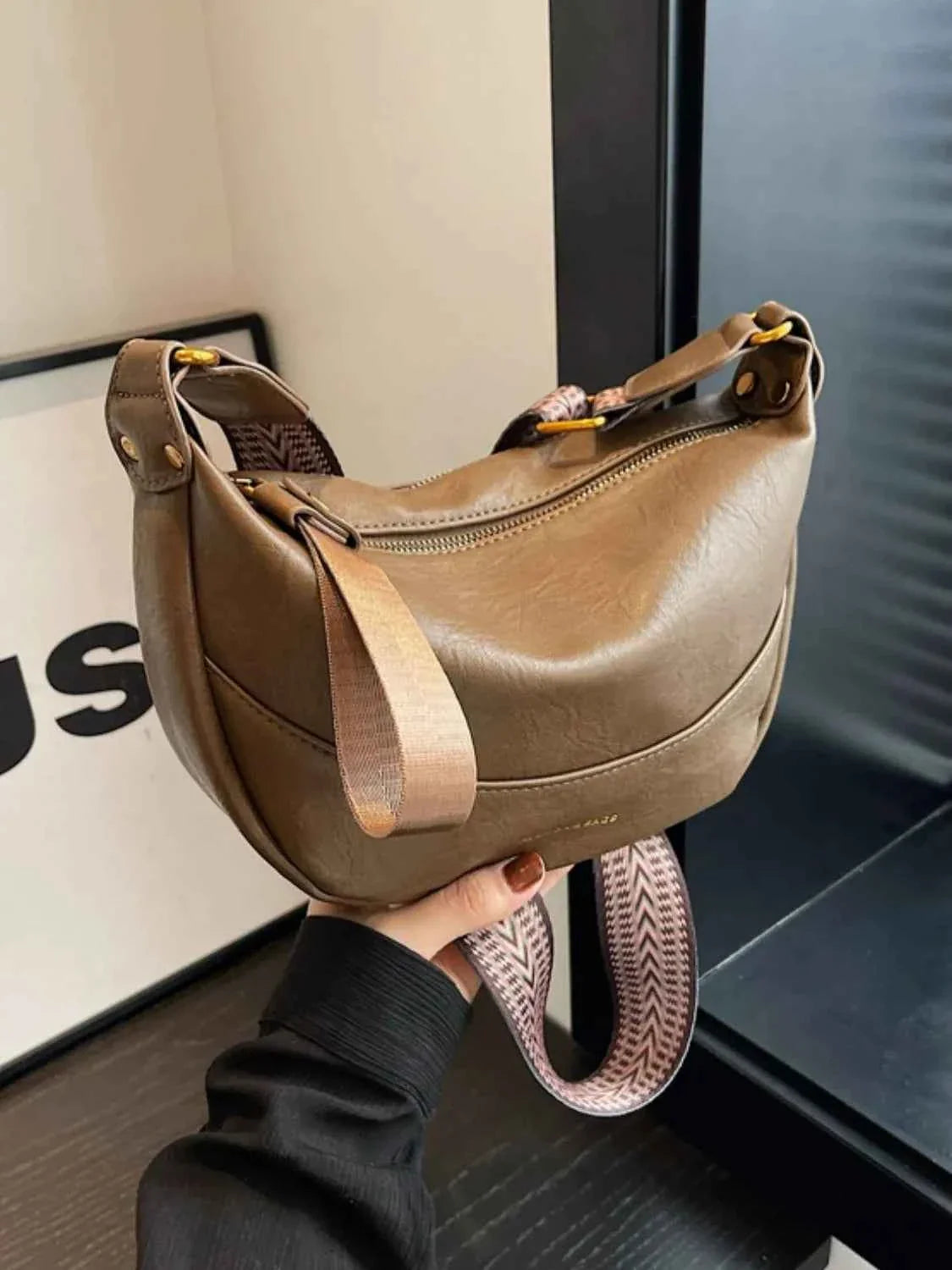 Leather Shoulder Bag with Woven Strap 90fb23cb-f06c-4b15-9c4e-09e9bca7eff9-Max-Origin