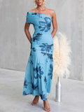 Floral Print One-Shoulder Ruched Maxi Dress Blue 90fb5d83-6d8a-40c3-b012-bc7f4a26defe-Max