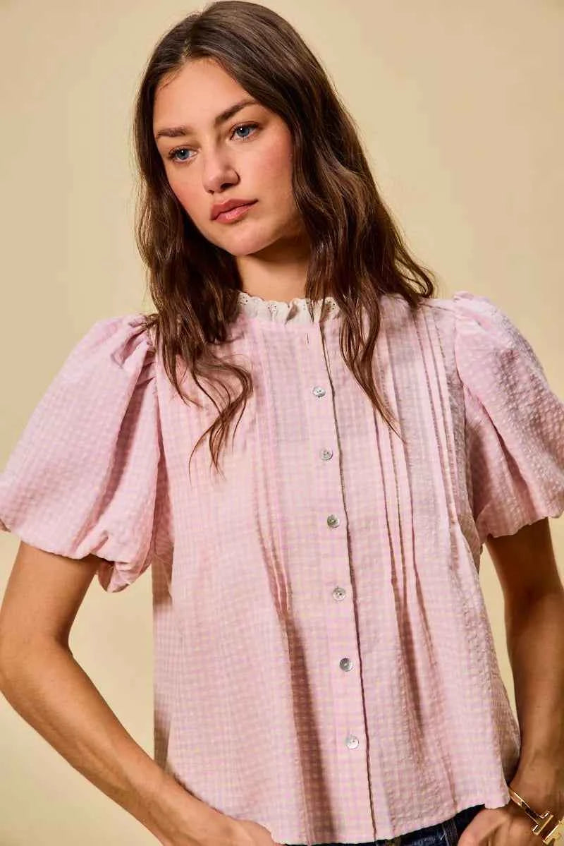 SO ME Gingham Lace Trim Button Bubble Sleeves Blouse 9102397d9aa445cba63a93b9fea52362-Max-Origin