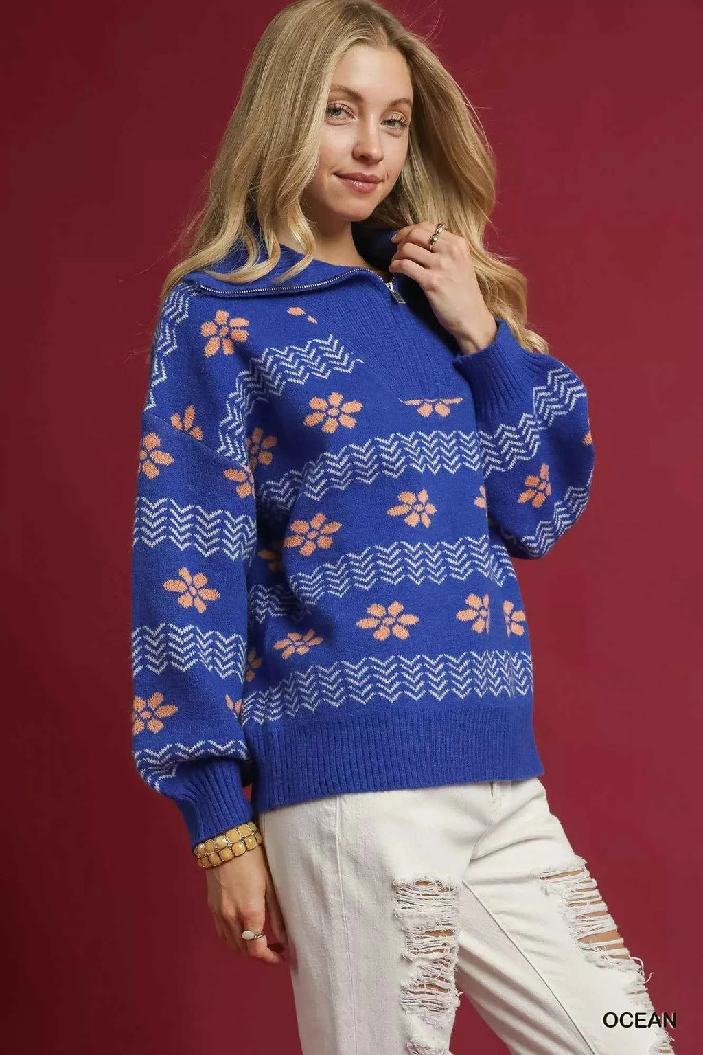 Umgee Floral Patterned Jacquard Quarter-Zip Pullover Sweater 9109a15c-0fc4-416e-af35-34f99cd3391b-Max-Origin