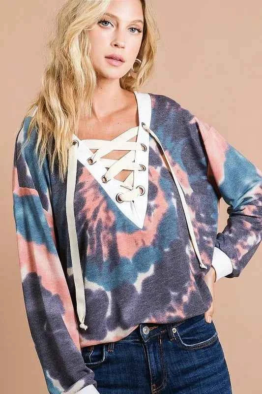 BiBi Tie Dye Deep V-Neck Top with Lace Up Front TIE DYE 9109f11431c3405ba62aafc3de591e35-Max-Origin