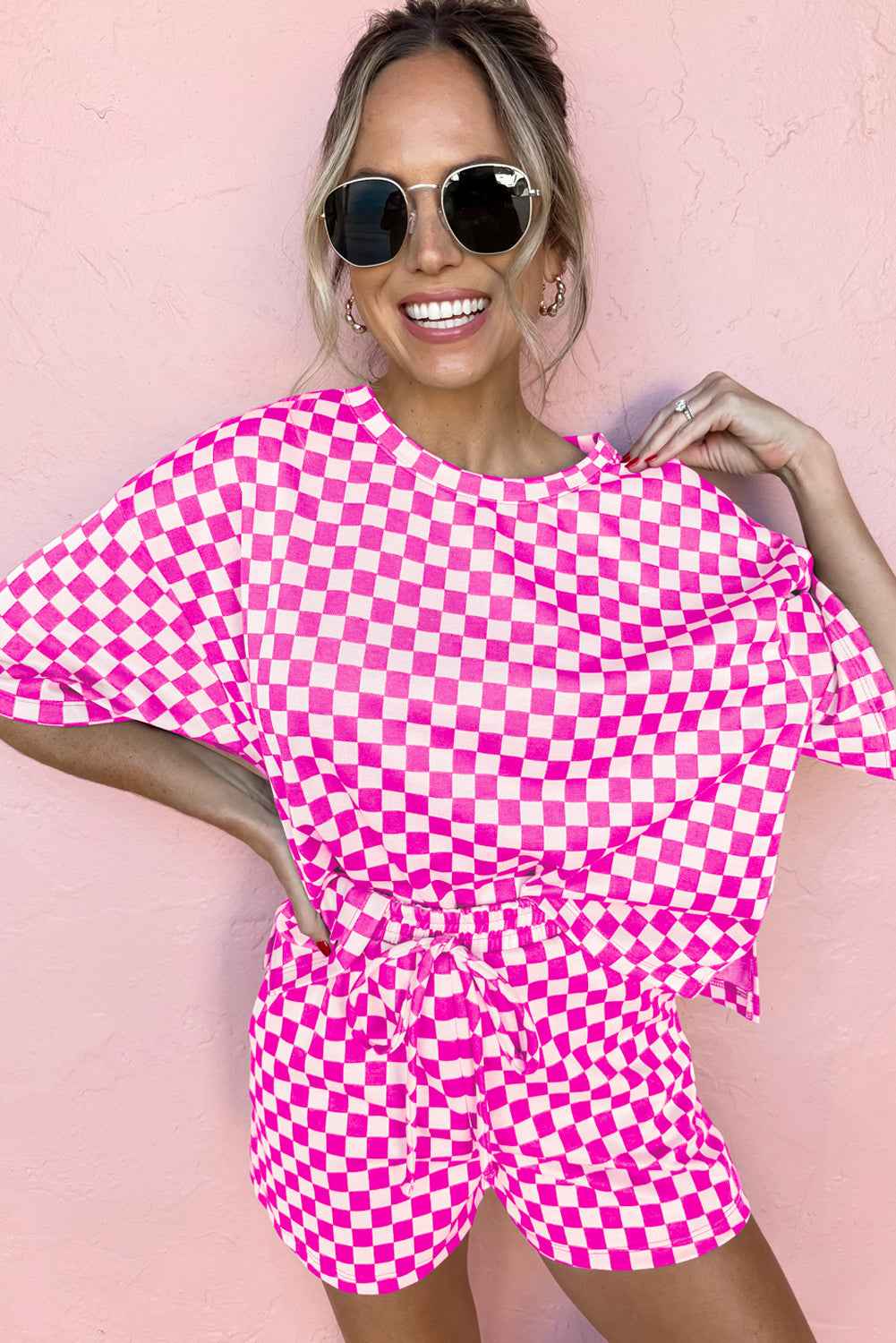 Brown Checkered Top and Drawstring Shorts Pajama Set 911178cd4104200c