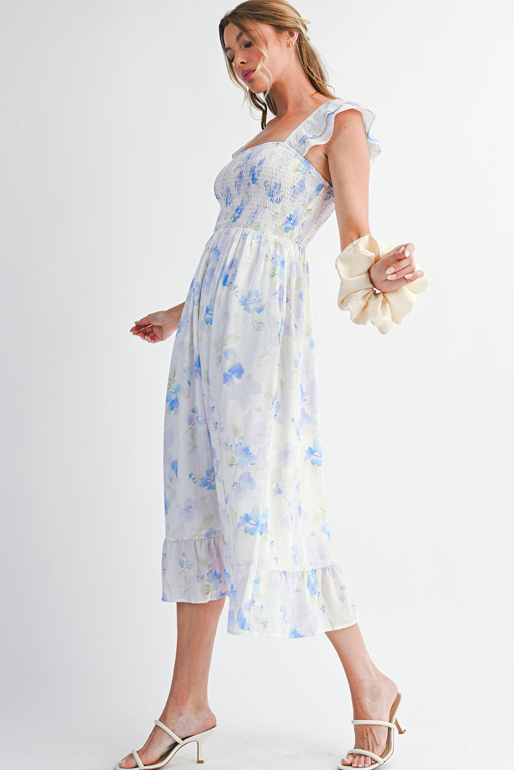 Sky Blue Floral Smocked High Waist Ruffle Sleeveless Long Dress 9114c0262170dfd0