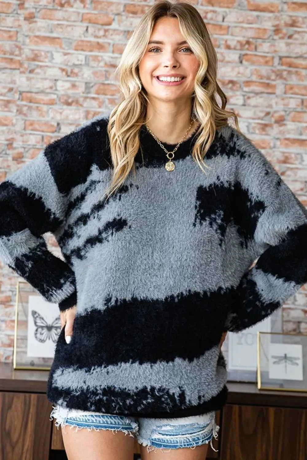First Love Full Size Abstract Pattern Contrast Feather Yarn Sweater 9117325a-c403-46a1-864e-7772f0a915c1-Max
