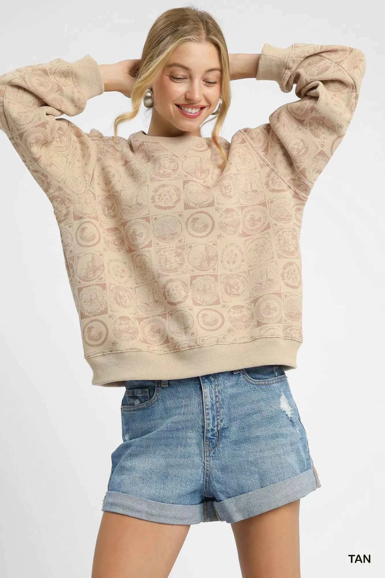 Umgee Coin Stamp Print Sweatshirt TAN 91212a1f-d0b4-45f4-a5af-5edff789d9eb-Max-Origin