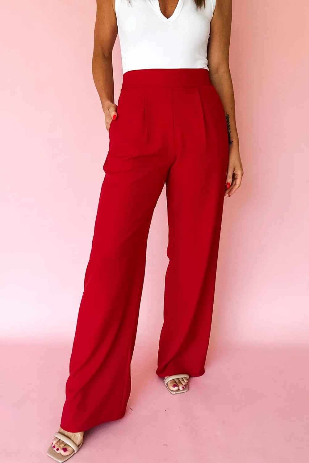 Fiery Red Pleated Detail Pull On Pants Fiery Red 97%Polyester+3%Elastane 91221505b133eb3c