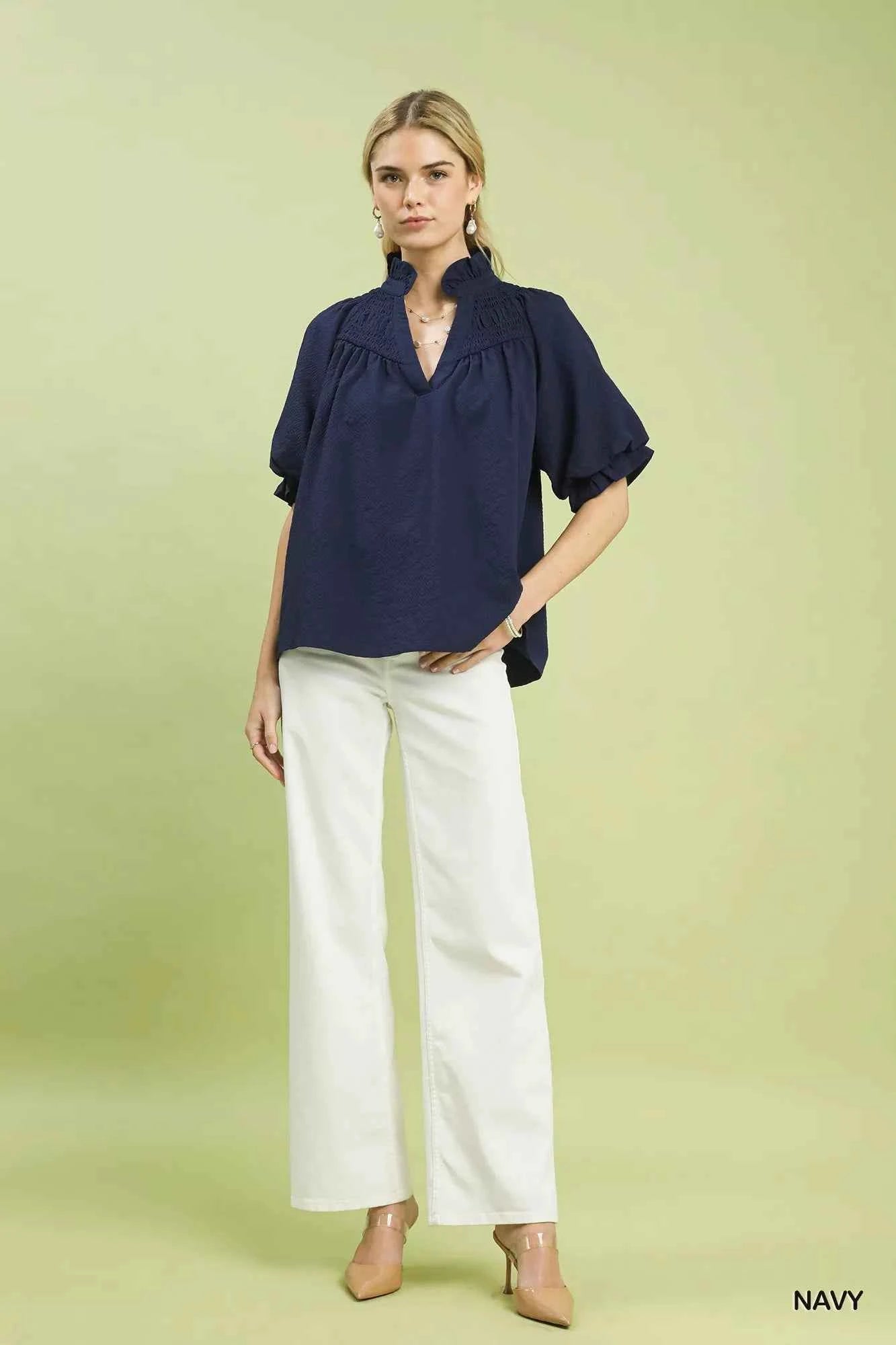 Umgee Textured Smocked Yoke Split-Neck Top 9125d0aa-576f-4020-aedf-9f7028ffcf96-Max-Origin