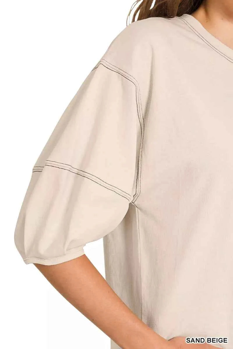 Zenana Balloon Sleeve Top with Contrast Stitching 912712d38dbc46ada77777d054afbb16-Max-Origin