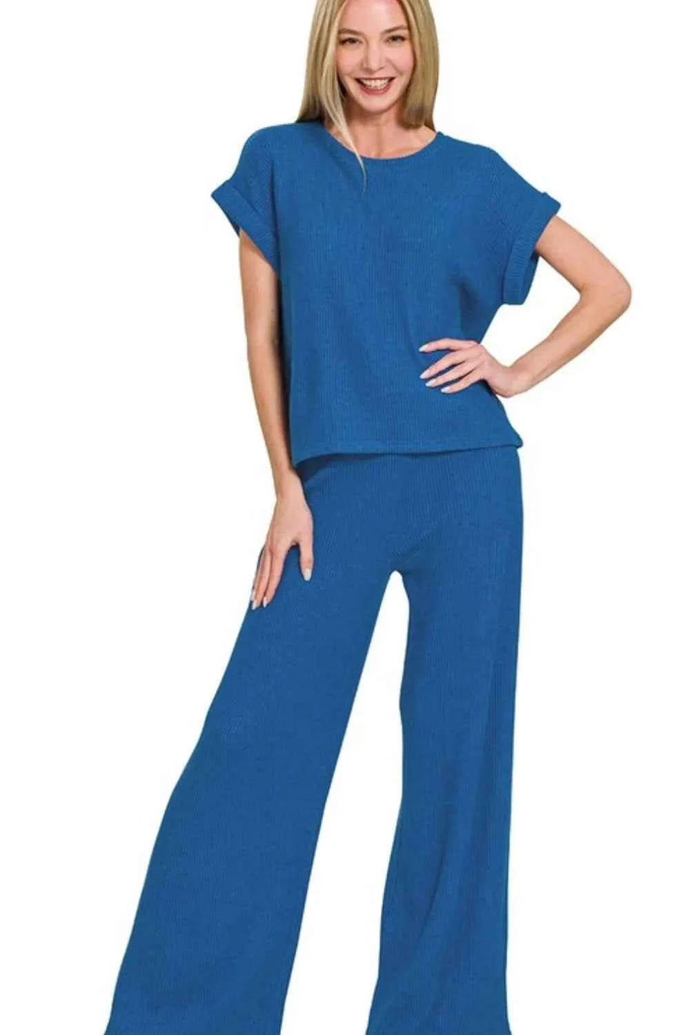 Zenana Rolled Sleeve Top and Pants Sweater Set CLASSIC BLUE 9127162f-3273-4b77-9279-b28e6c9e2628-Max-Origin