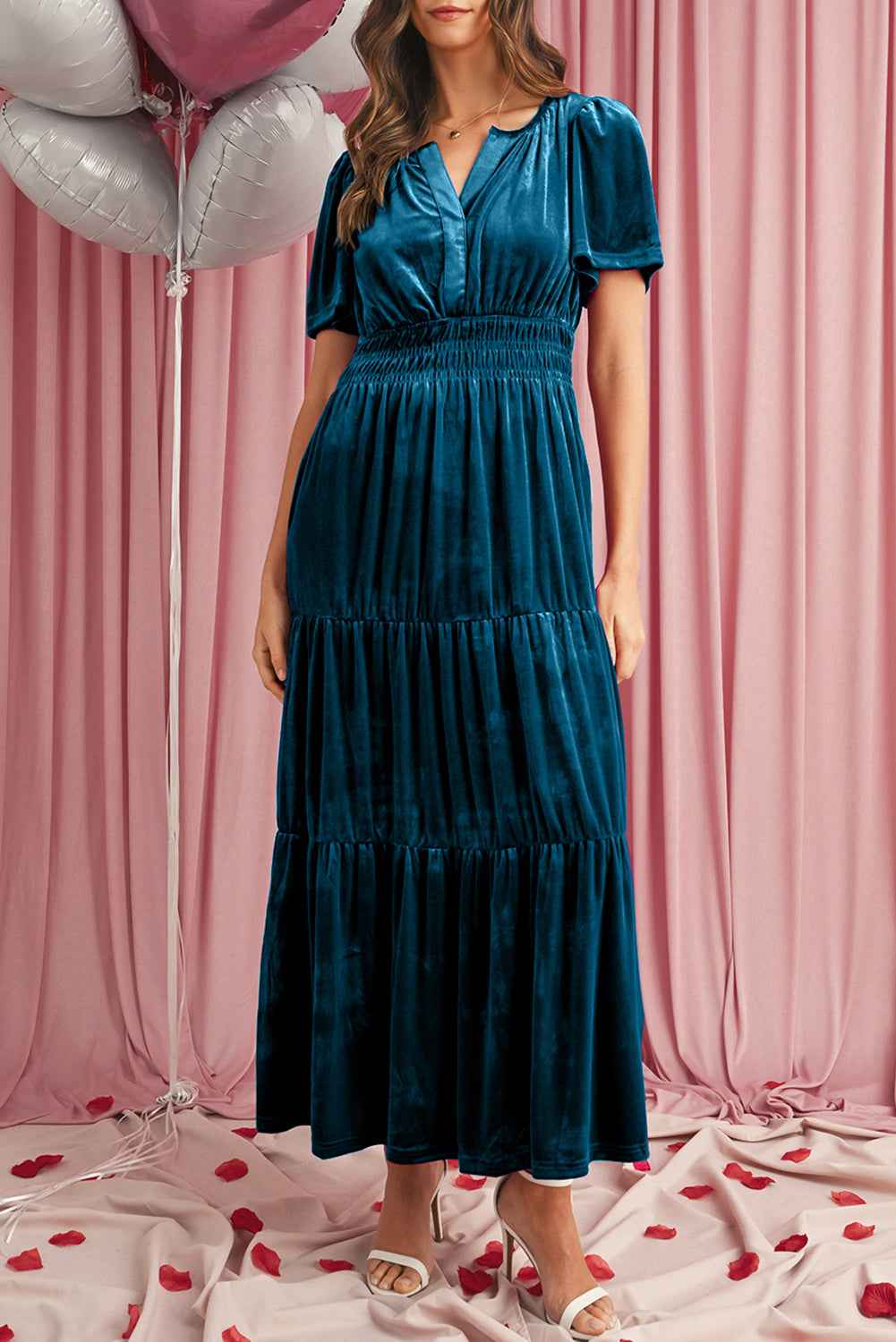 Prussian Blue Velvet Short Sleeve Shirred Waist Tiered Maxi Dress 91273e984213c1ab