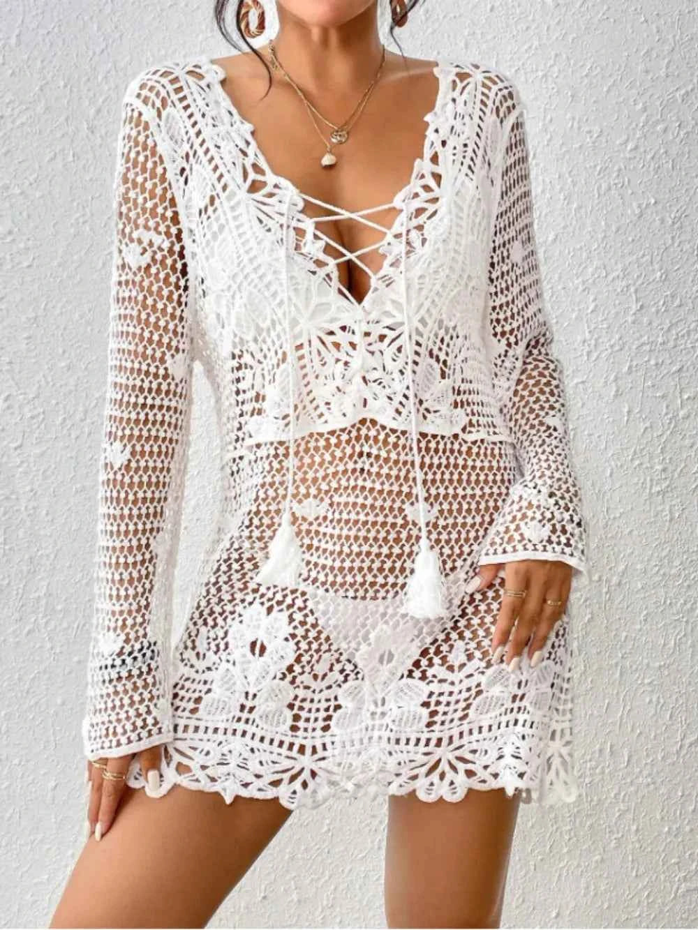 Cutout Tied V-Neck Long Sleeve Cover Up 91294124-6881-4862-b6f2-c04e1c305f62-Max