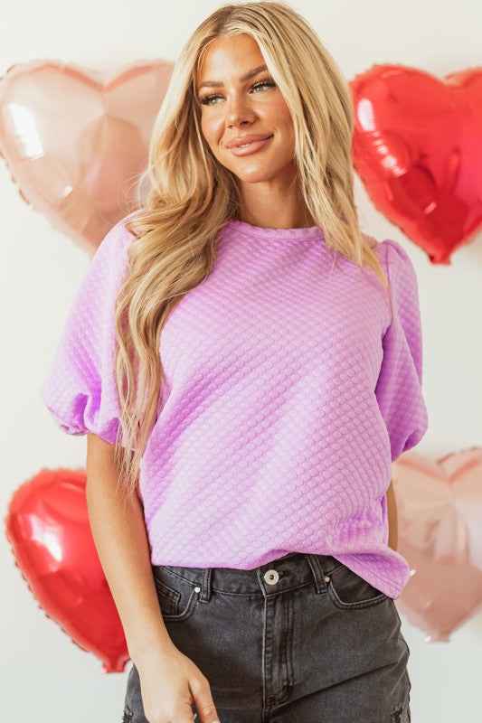 Solid Textured Round Neck Puff Sleeve Blouse 912c1deb-7bad-4418-994c-5997fa4249cd