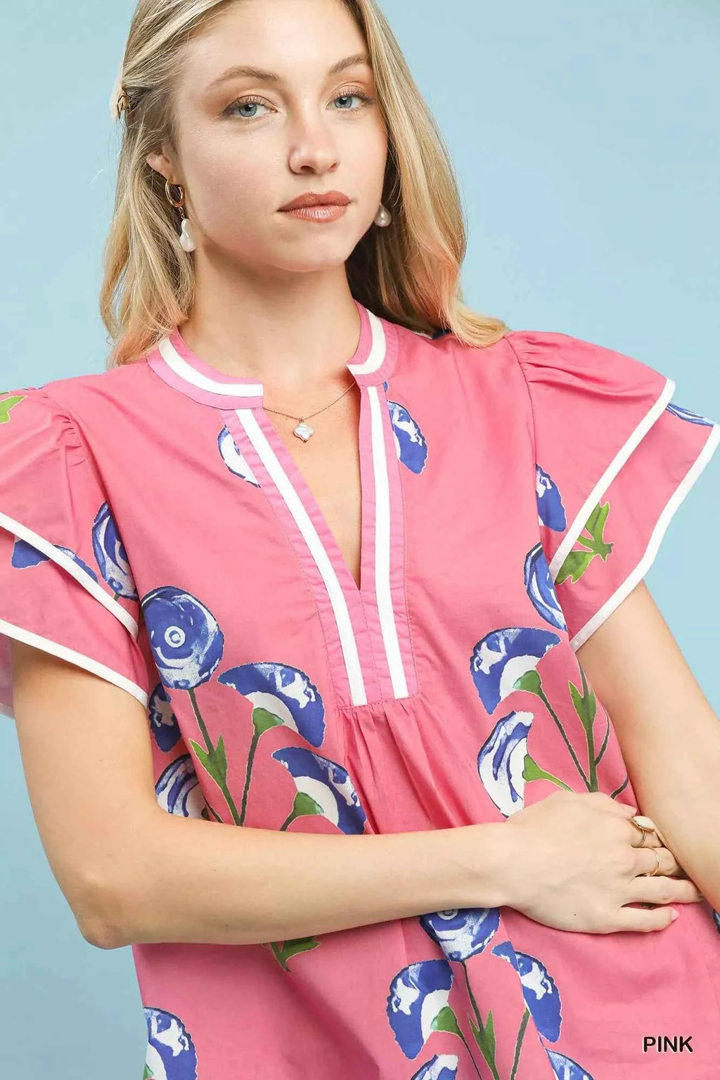 Umgee Blossom Meadow Print Blouse with Contrast Trim