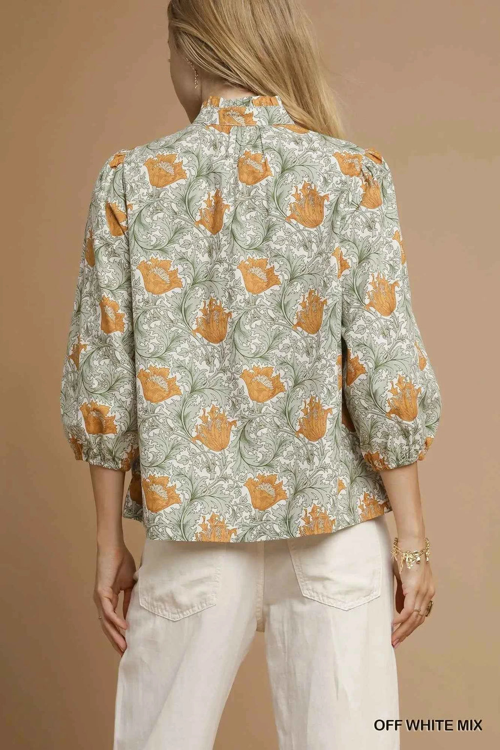 Umgee Floral Print Tie Neck 3/4 Sleeve Blouse 912c805d-39a2-4745-9415-d803769f6b14-Max-Origin