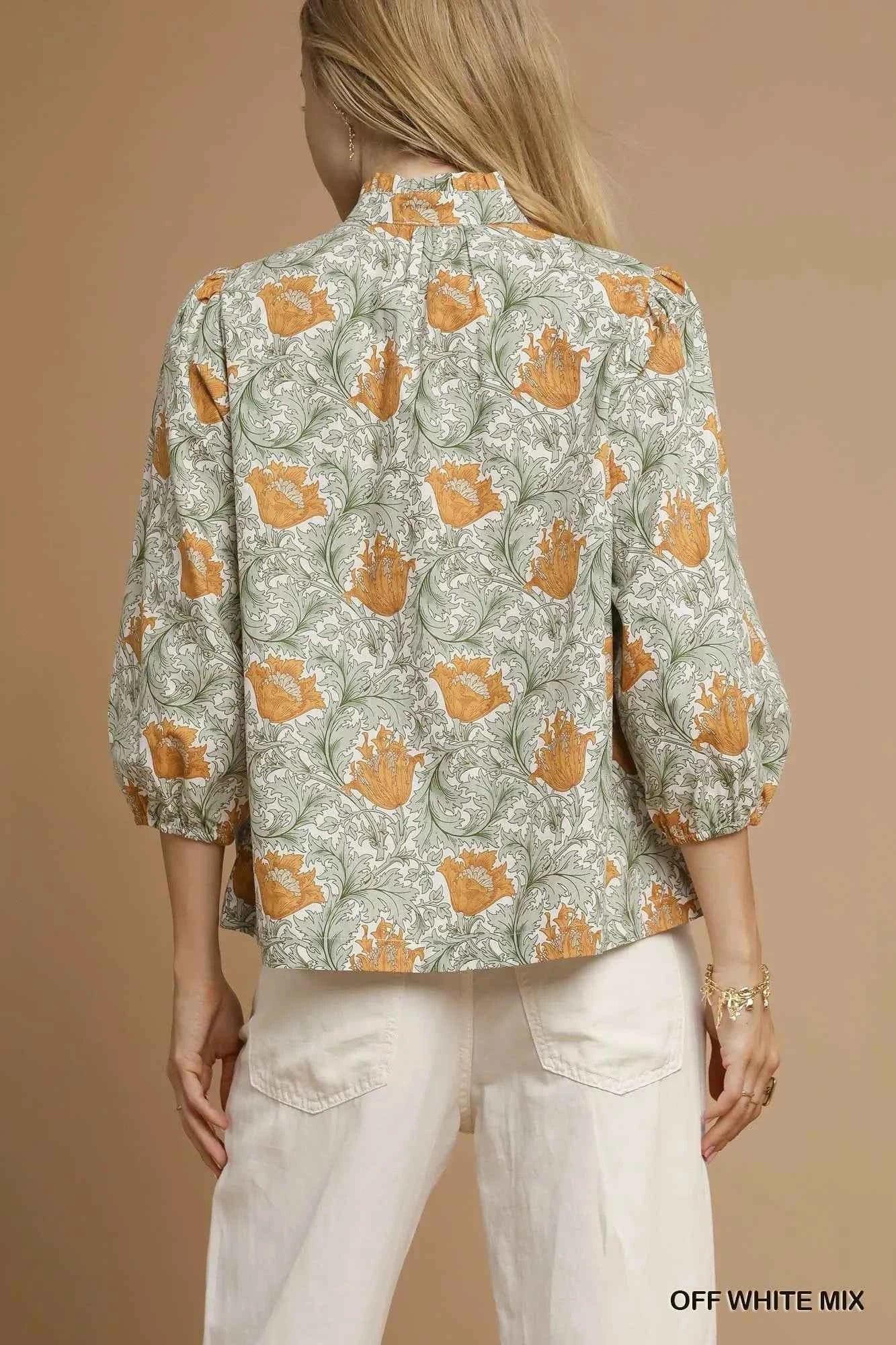 Umgee Floral Print Tie Neck 3/4 Sleeve Blouse 912c805d-39a2-4745-9415-d803769f6b14-Max-Origin