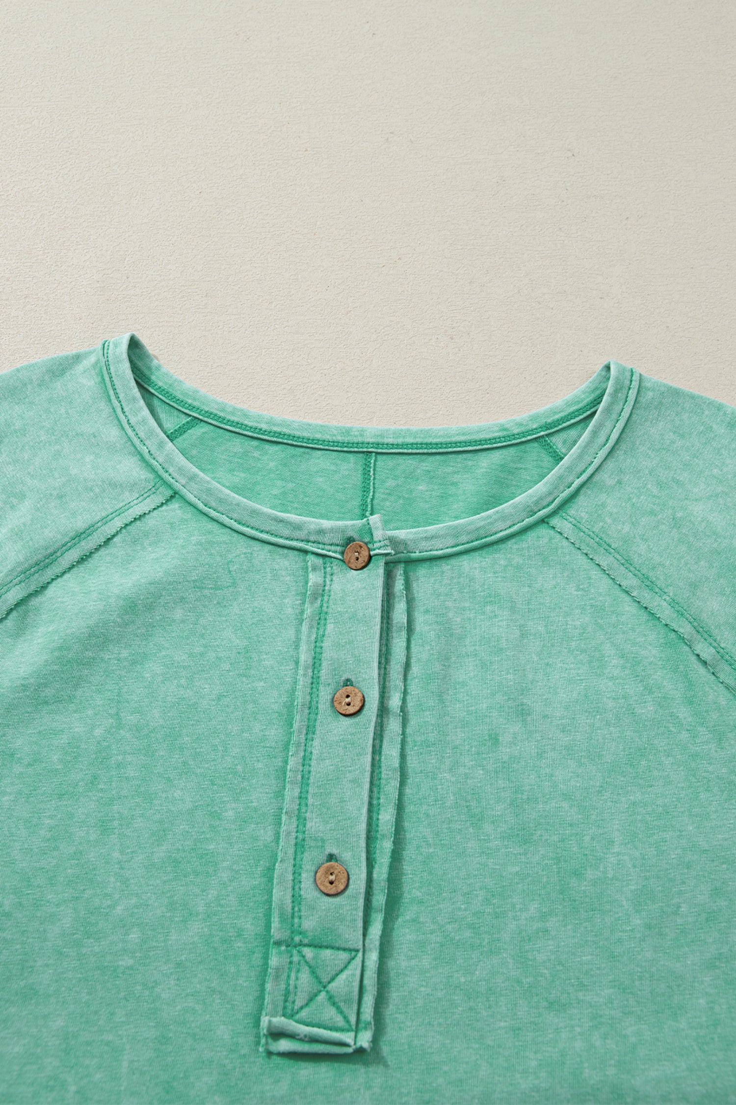 Mint Green Half Buttons Raw Seam Raglan Sleeve Mineral Wash T Shirt 912d390928ee41fd