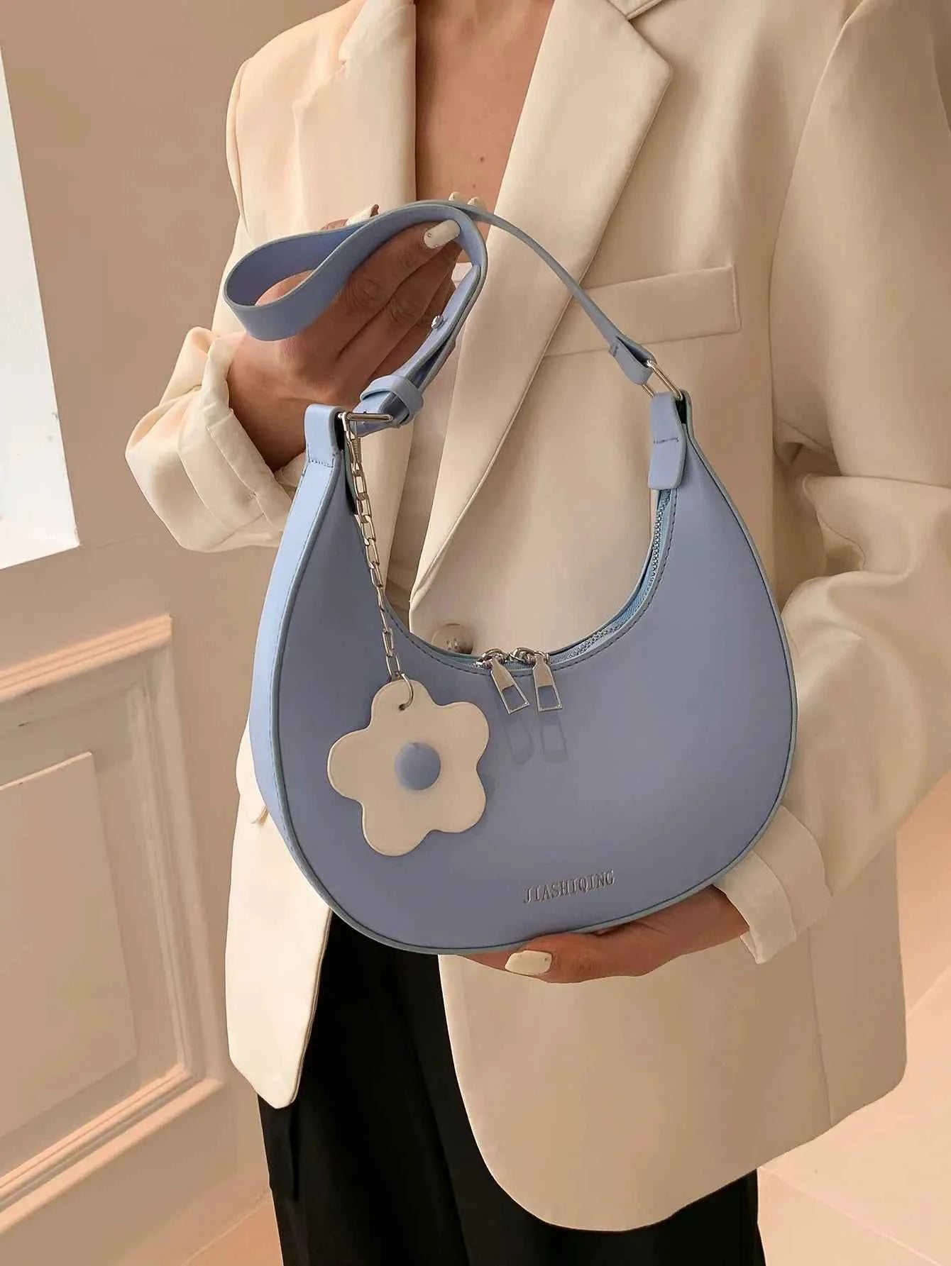 Crescent Shoulder Bag with Flower Charm Blue onesize 912d51fcaeb849fa8118f2bac5bc98db-Max-Origin
