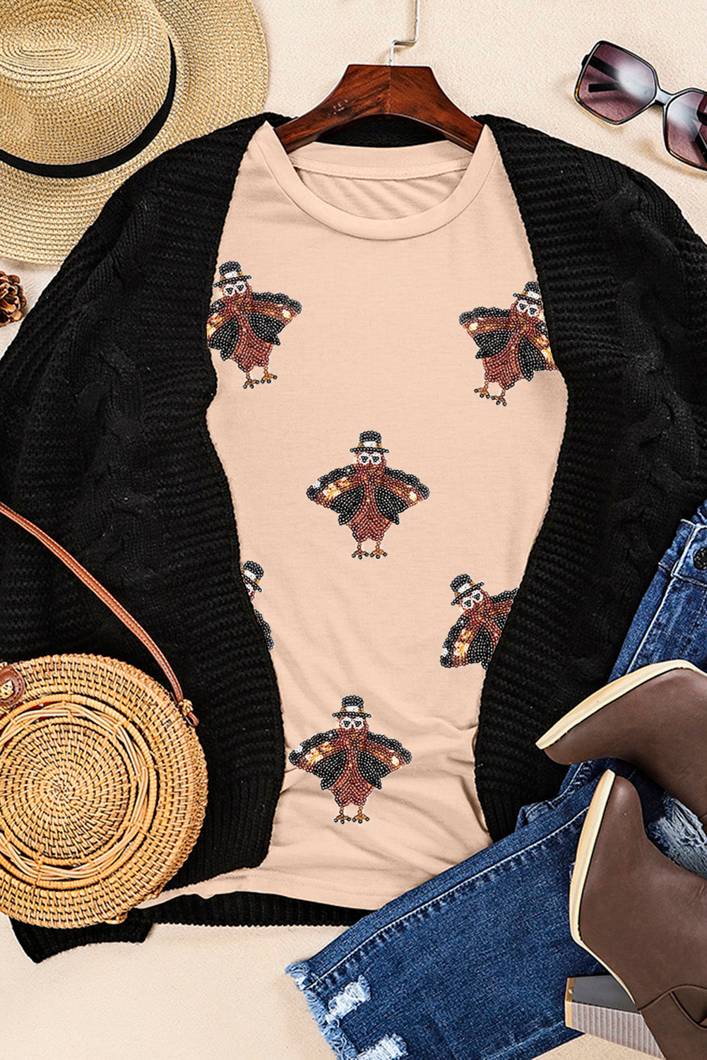 Black Sequin Turkey Patch Application Graphic Tee Khaki 62%Polyester+32%Cotton+6%Elastane 9132061c13637e97