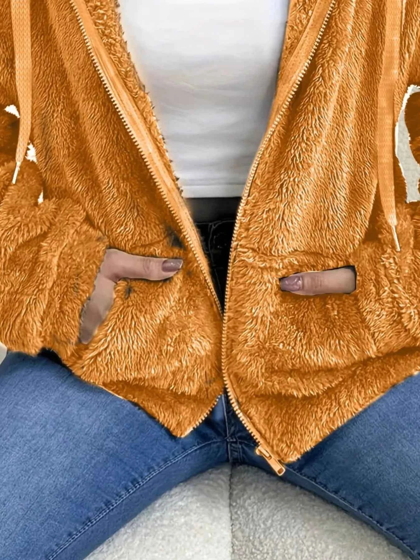 Drawstring Fleece Zip-Up Outerwear Tangerine 91333563-7973-47dd-b650-97da1bf578d6-Max-Origin