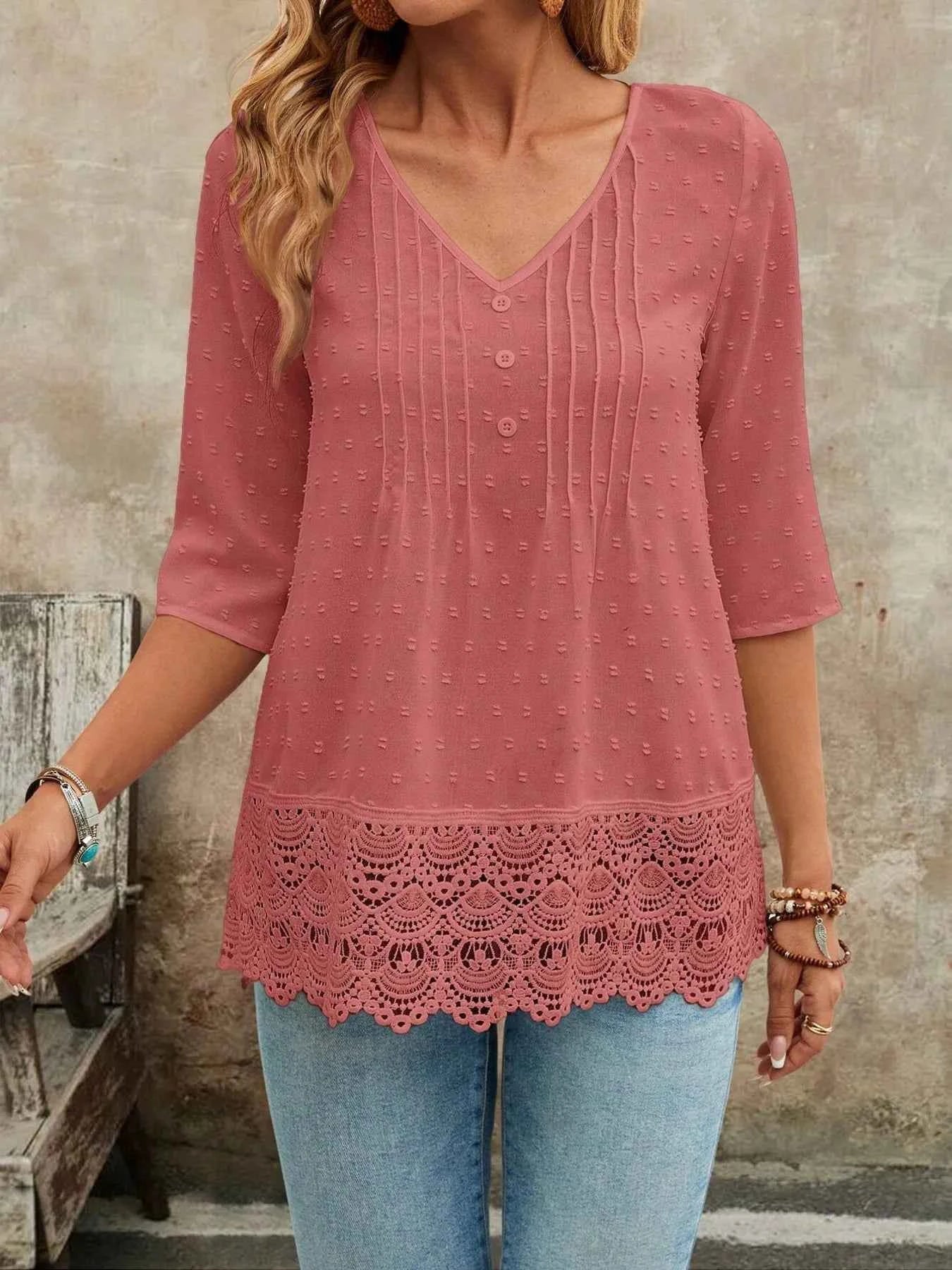 Lace Hem V-Neck Blouse Pink· 915515147e674ac697631fb424308c0b-Max-Origin