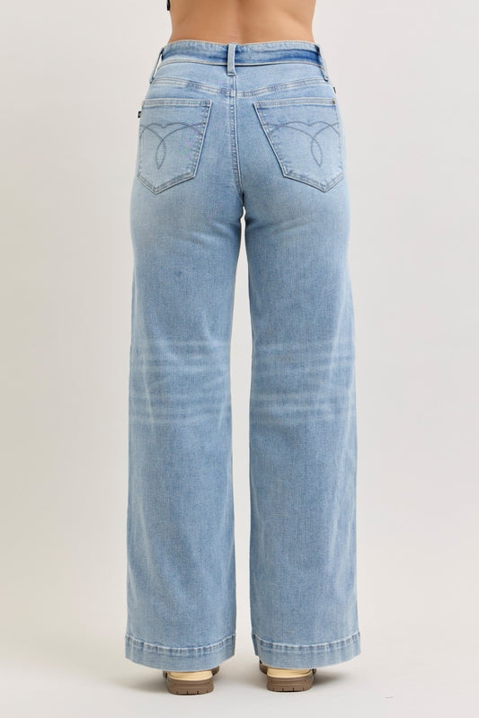 Mid Rise Retro Wide Leg Jeans with Fold-over Waistband 91567cf60e7a47a0afff625f42c38284-Max