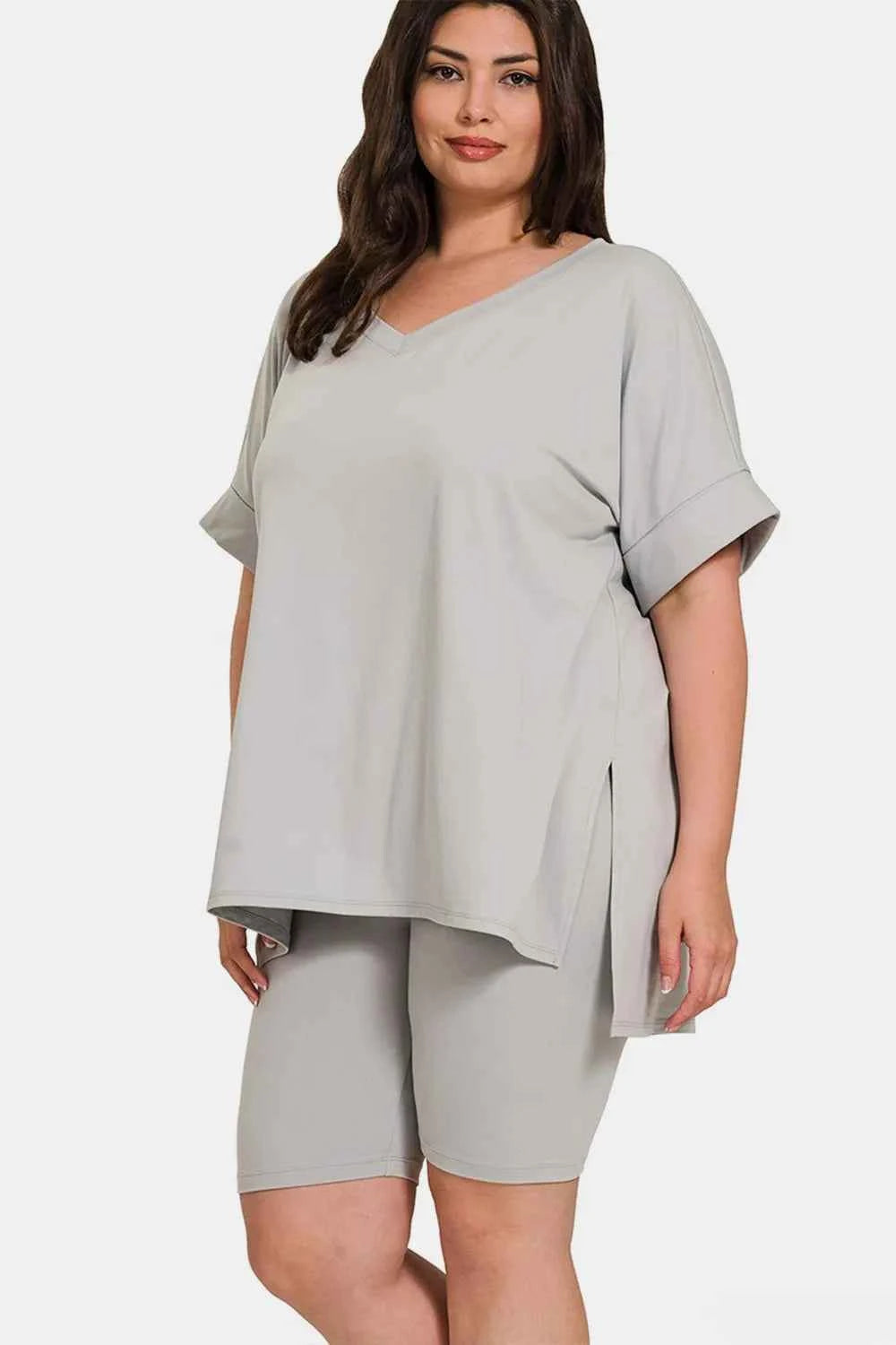 Zenana Full Size V-Neck Short Sleeve Slit T-Shirt and Shorts Set 915726ed-f045-47a4-bfd5-2bdc3f239cd0-Max