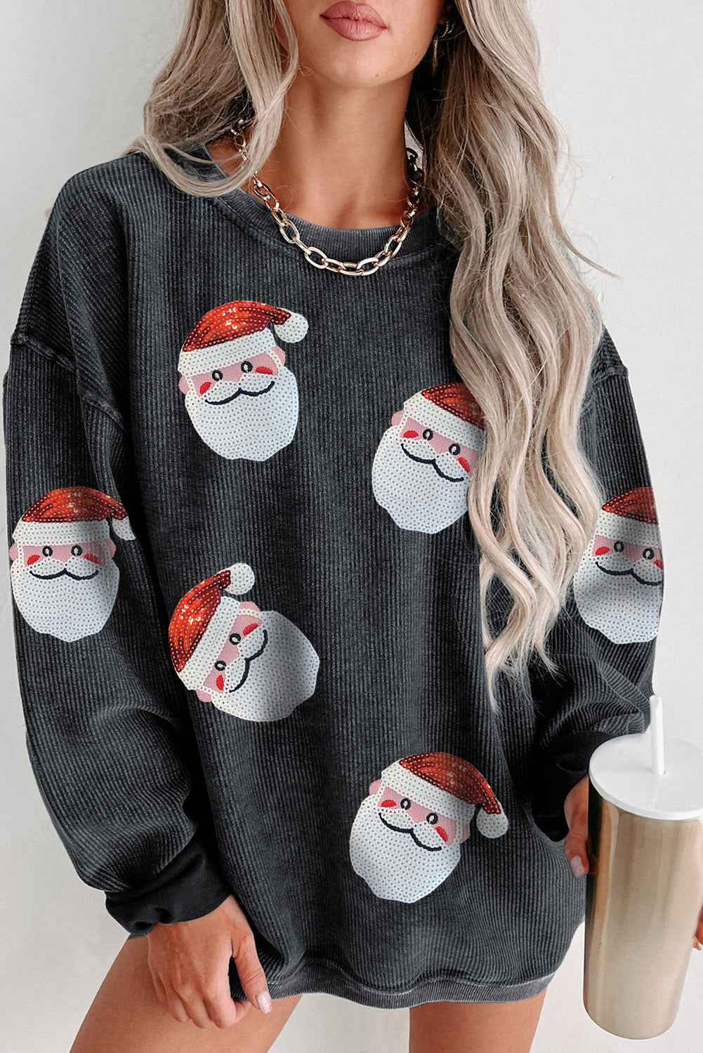 Gray Christmas Santa Claus Sequins Patch Corded Graphic Sweatshirt Black 100%Polyester 9157b0bf7c38d549