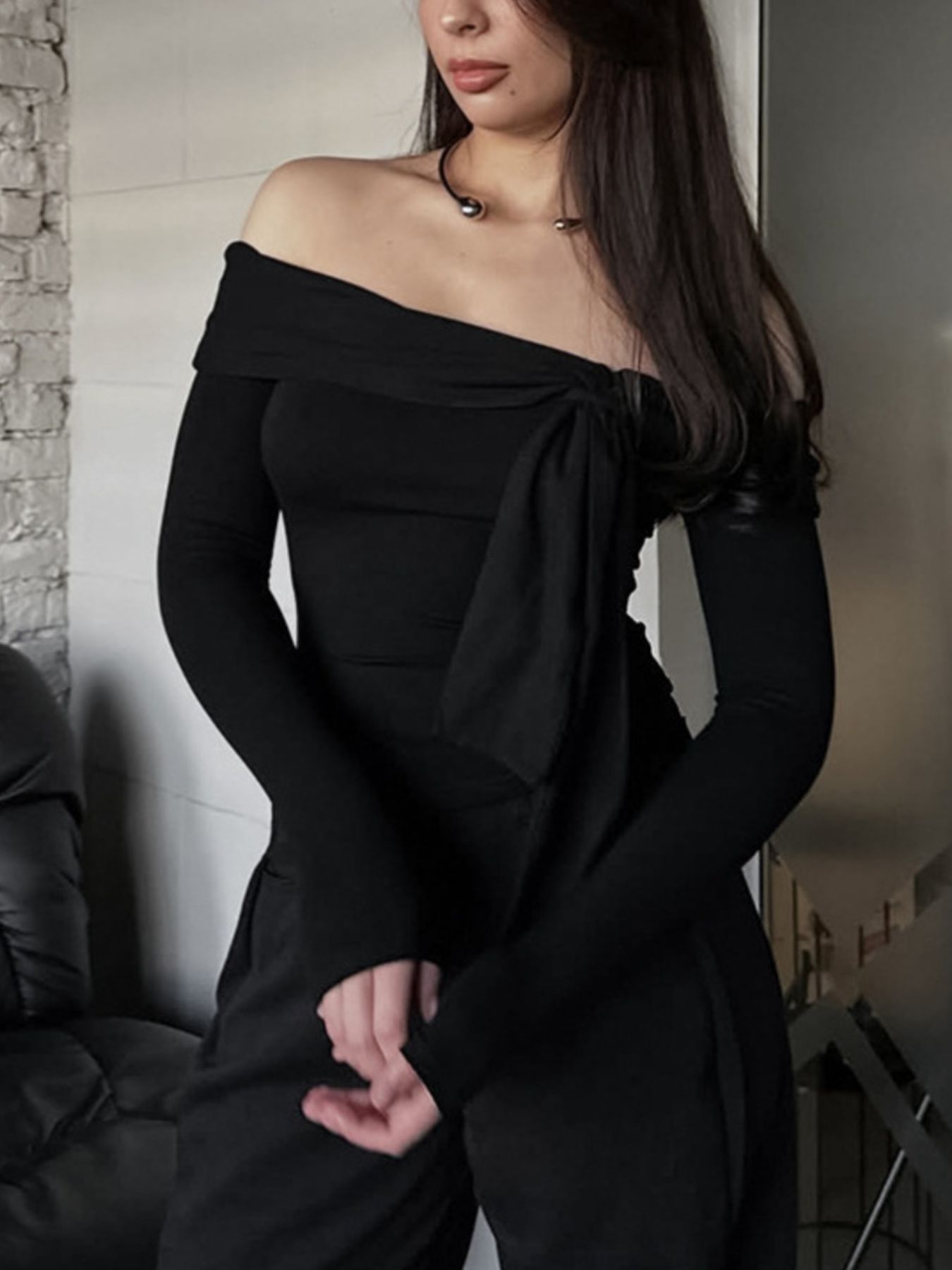 Off-Shoulder Tie-Front Long Sleeve Blouse 915d35f7-1825-41a9-9a7f-07170d8faf8b-Max