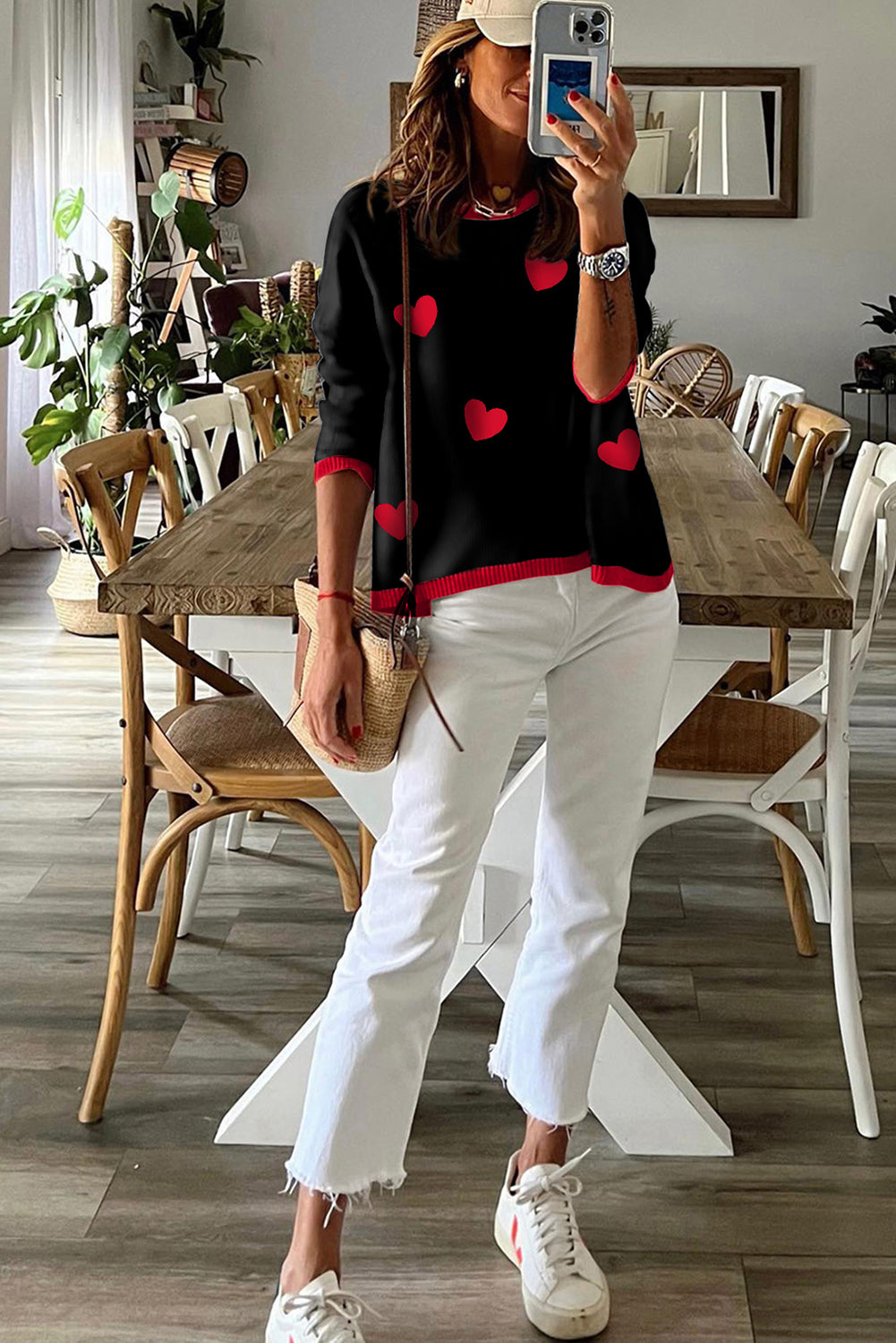 Black white Heart Print Contrast Trim Drop Shoulder Sweater 915dc065b0e5e35f