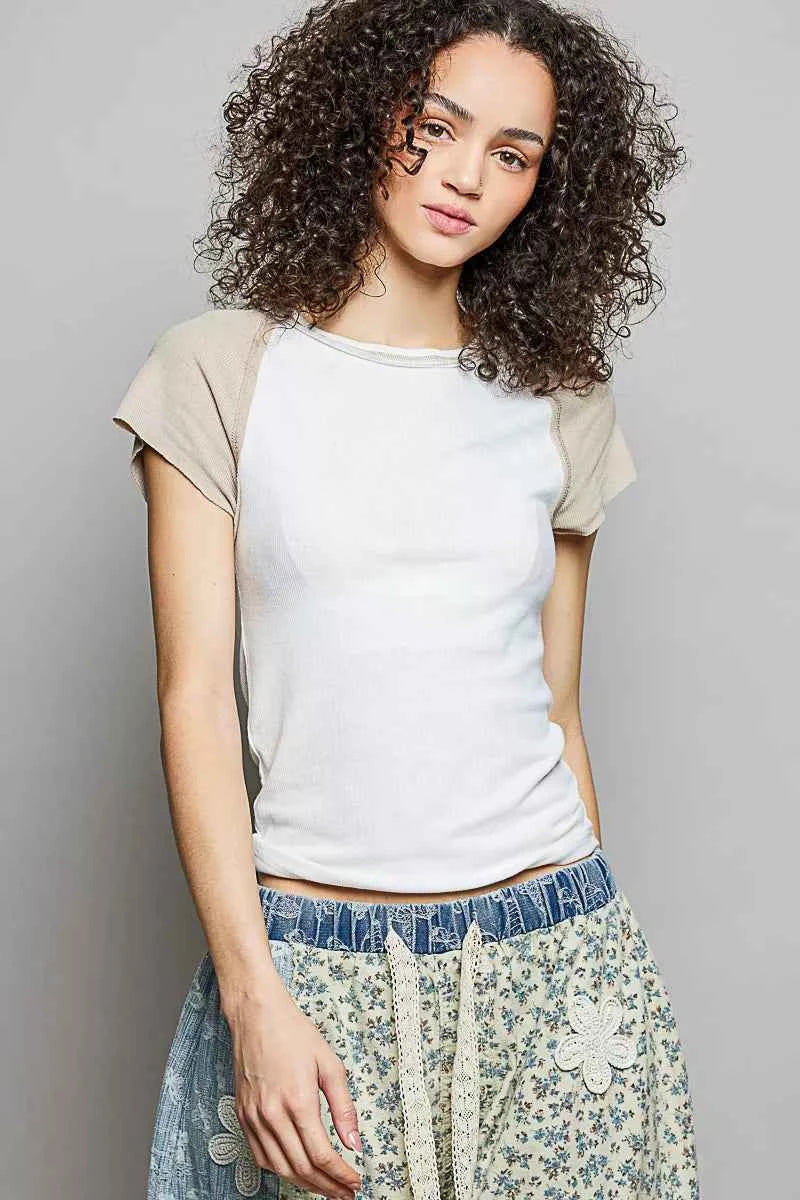 POL Round Neck Outseam Detail T-Shirt with Contrast Color Sleeves IVORY LATTE 91616a58-0506-43d2-bda7-5c8d6bd4ce96-Max-Origin