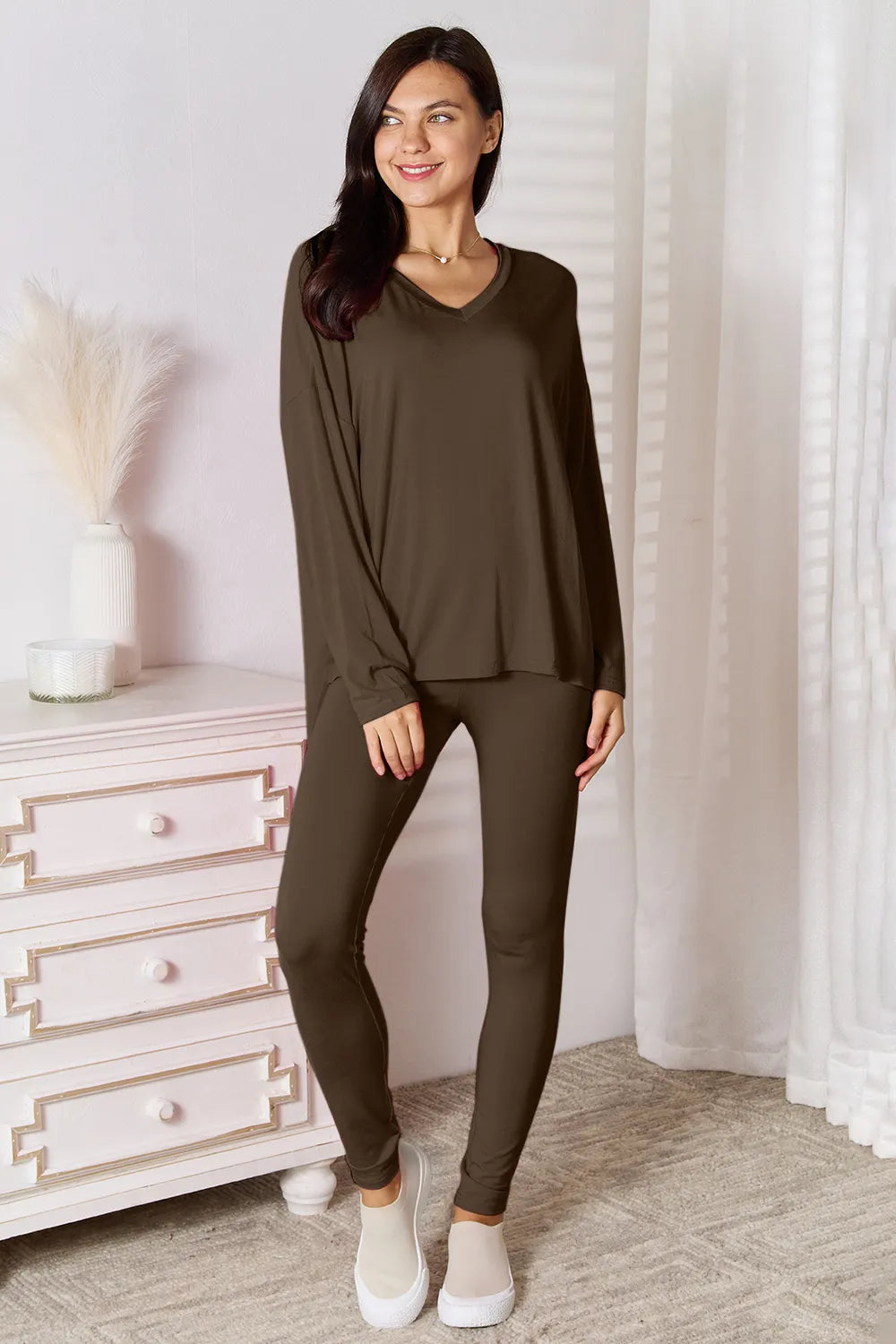 Basic Bae Bamboo Full Size V-Neck Long Sleeve Top and Pants Lounge Set Chocolate 916a88a8-5dd3-44ef-acc8-abc66cad47e3-Max