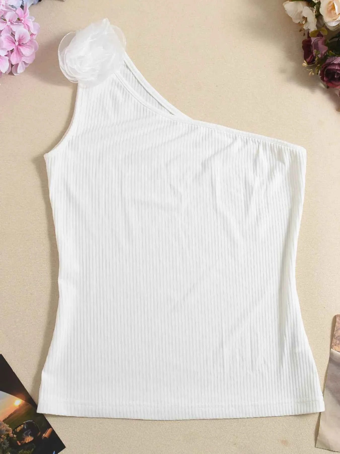 Flower Ribbed Single Shoulder Tank 91724e286bd54e50a44968e104b284f4-Max-Origin