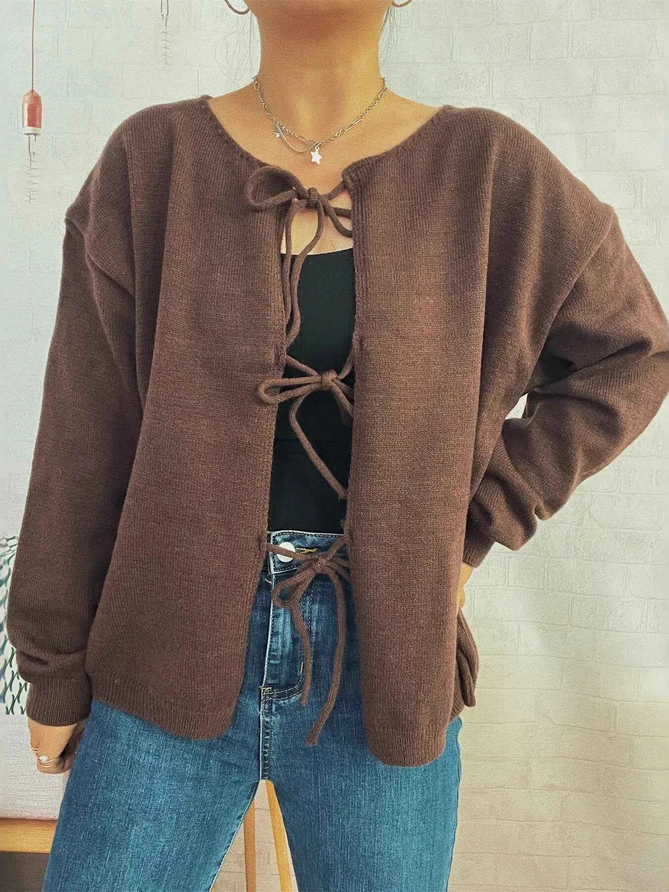 Tie Front Drop Shoulder Cardigan Brown One Size 9173cc409ee7422ea0dc2ecf3f2762db-Max-Origin