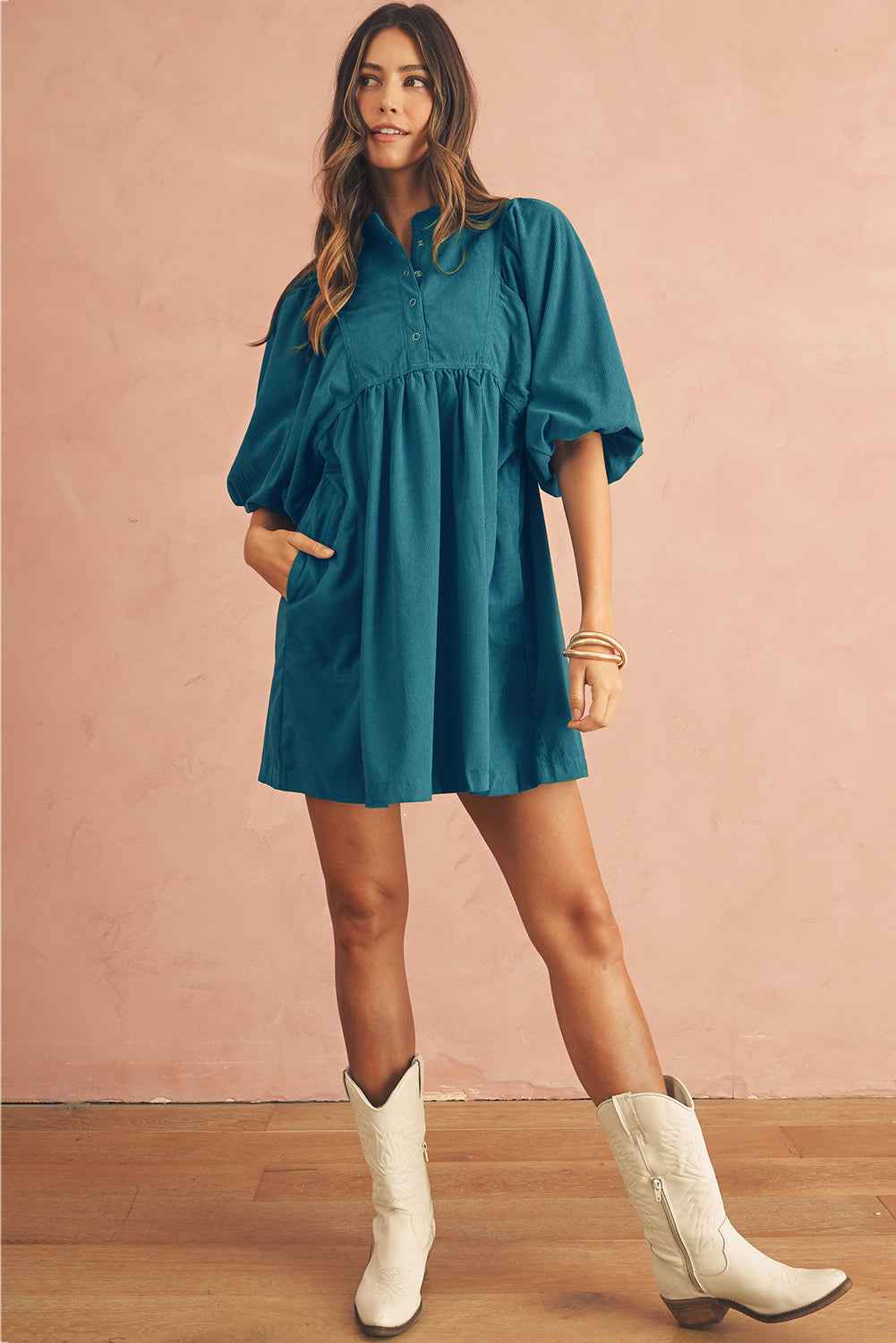 Gold Flame Light Snap Button Empire Waist Lantern Sleeve Corduroy Dress 9175a0c7bfe545cc