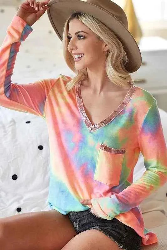 BiBi Tie Dye V-neck Terry Knit Top With Sequins 917aaf6eae364816a03413ec5a29b63b-Max-Origin