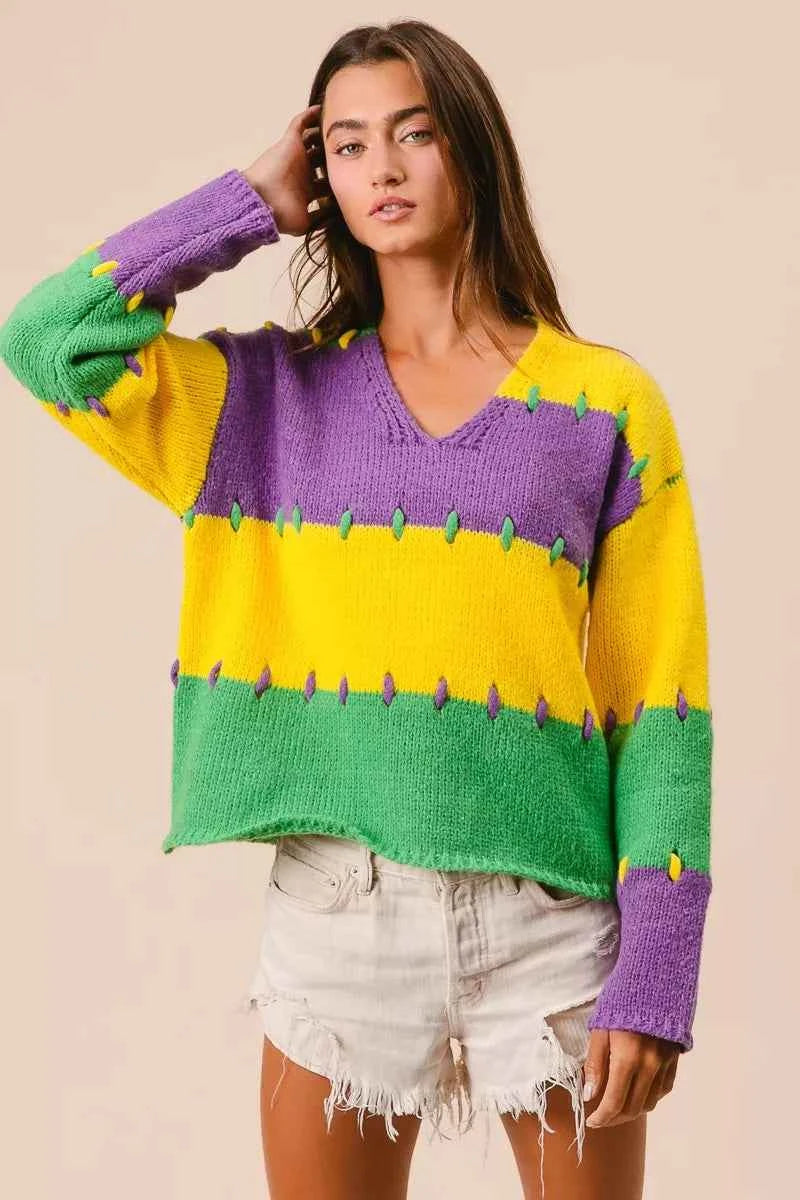 BiBi Stitch Detail Mardi Gras Stripes Sweater 917e4de5414549bdace66f1ed0e31715-Max-Origin