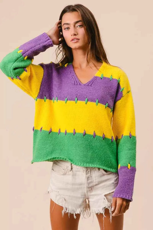 Stitch Detail Mardi Gras Stripes Sweater 917e4de5414549bdace66f1ed0e31715-Max-Origin