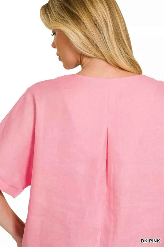 Linen V-Neck Cuffed Sleeve Top 917e89afbe0e48f69786080a5094a468-Max-Origin