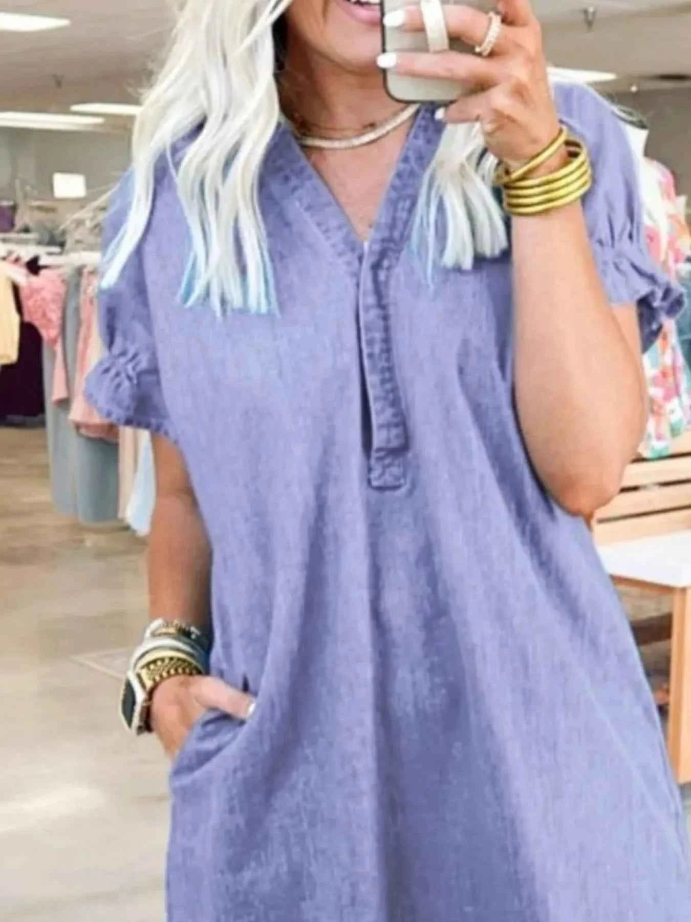 Full Size V-Neck Short Sleeve Denim Dress Plus Size 9180136d-1cfa-46ed-983b-a8ef1c8aa060-Max-Origin