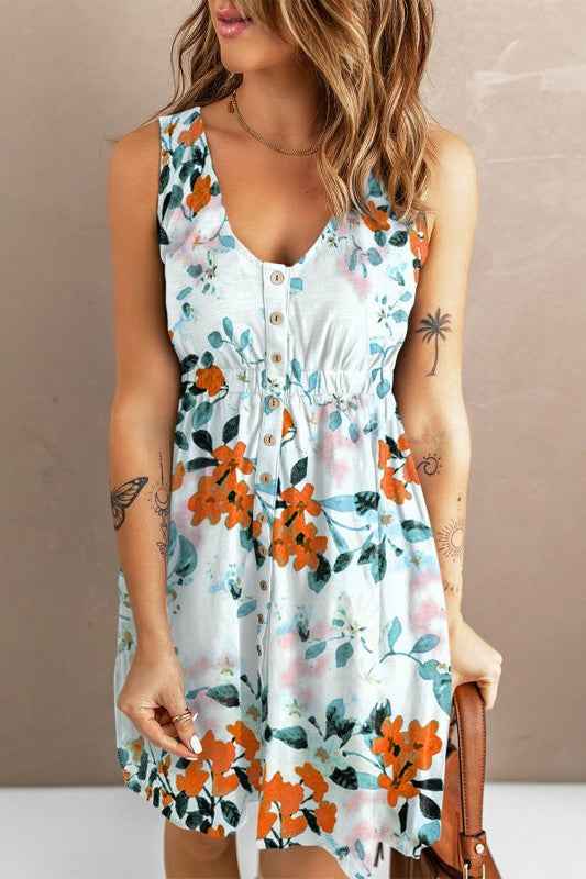 Floral Sleeveless Button Up Waist Mini Dress White 91846aa8-3e9d-4c76-8ee4-6b7c1a29d845
