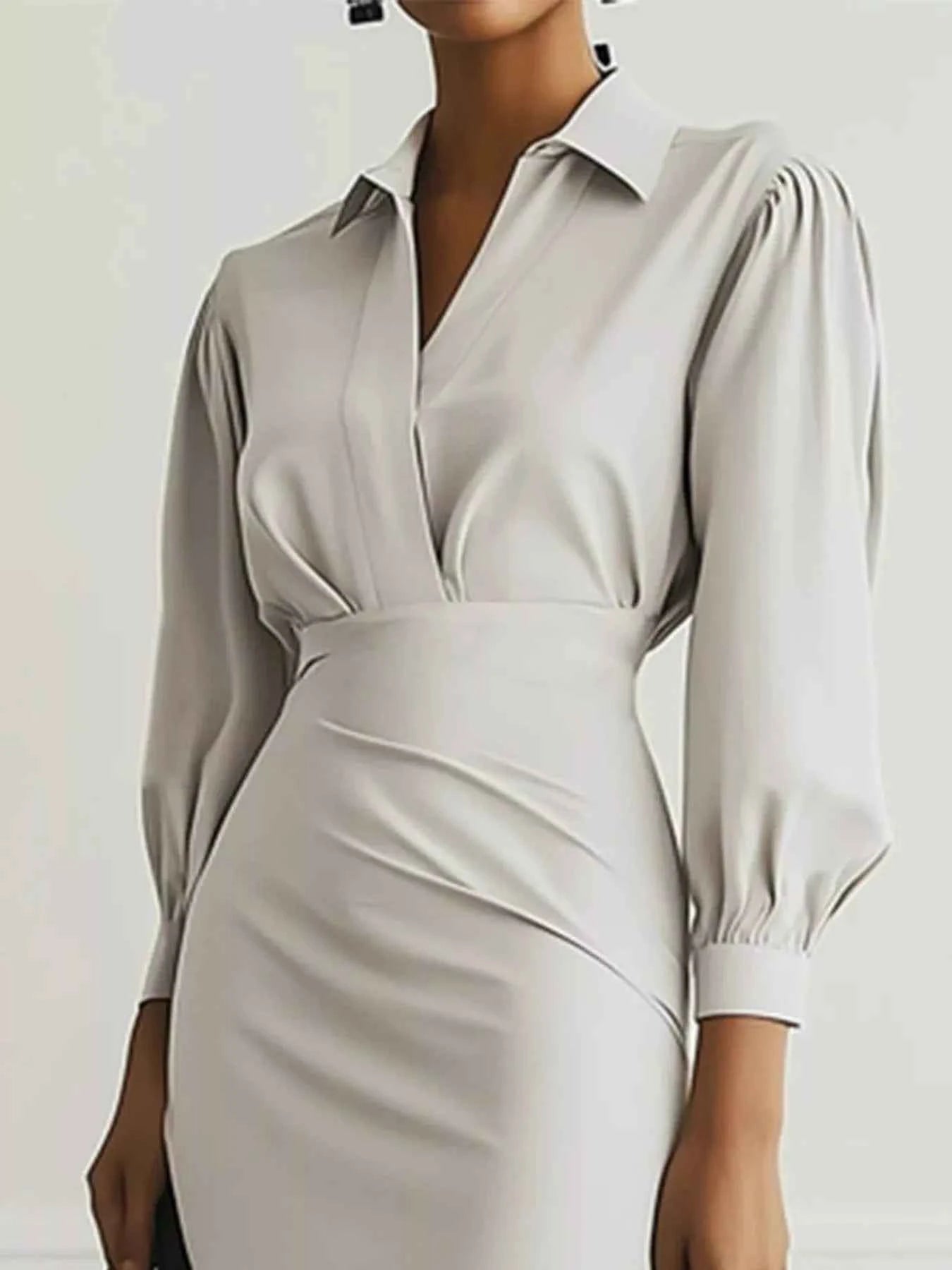 Ruched Midi Shirt Dress with Side Slit 918476d9-5d52-46a8-87de-cf5d078df5b8-Max-Origin